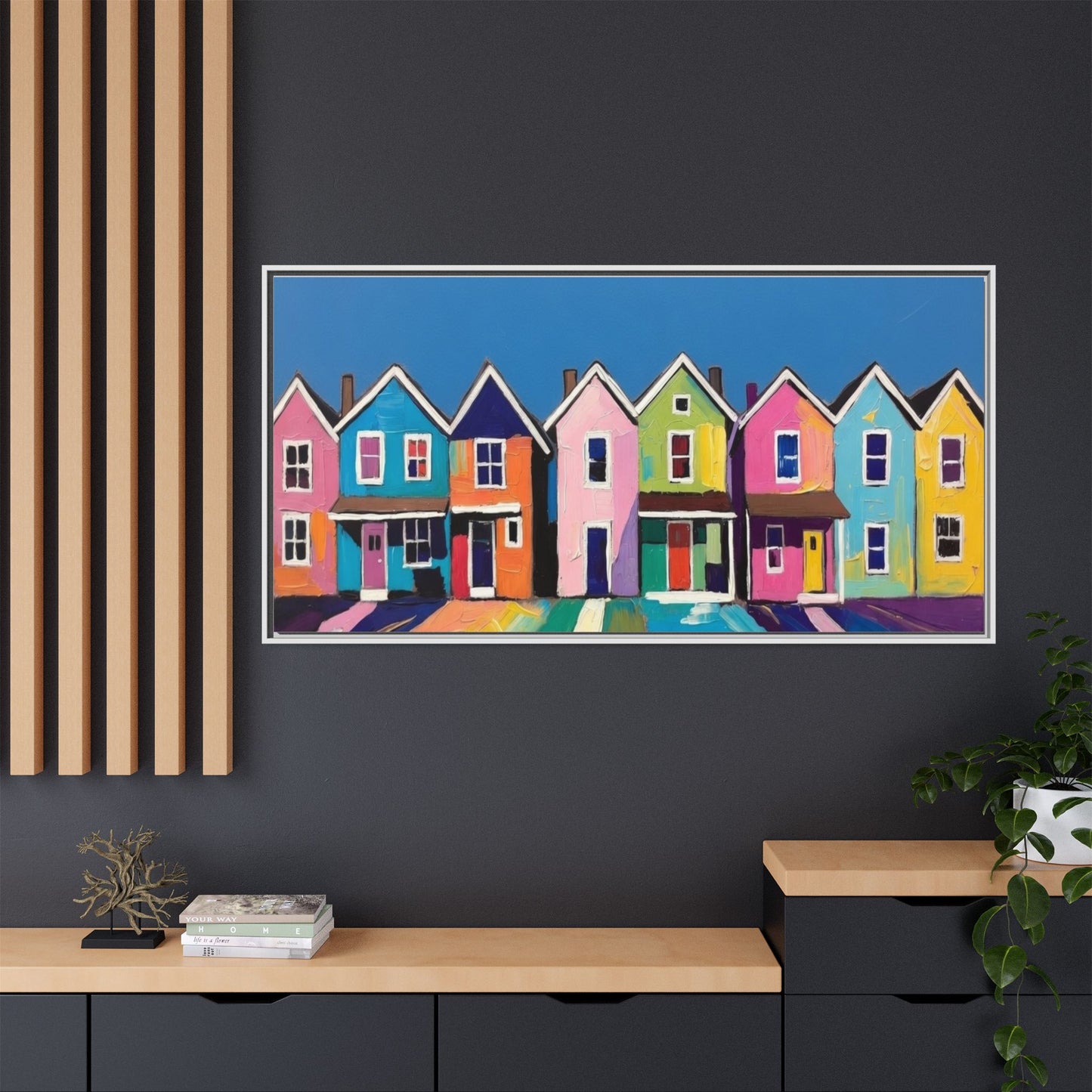 Colorful Beach Houses Matte Canvas Framed Wall Art