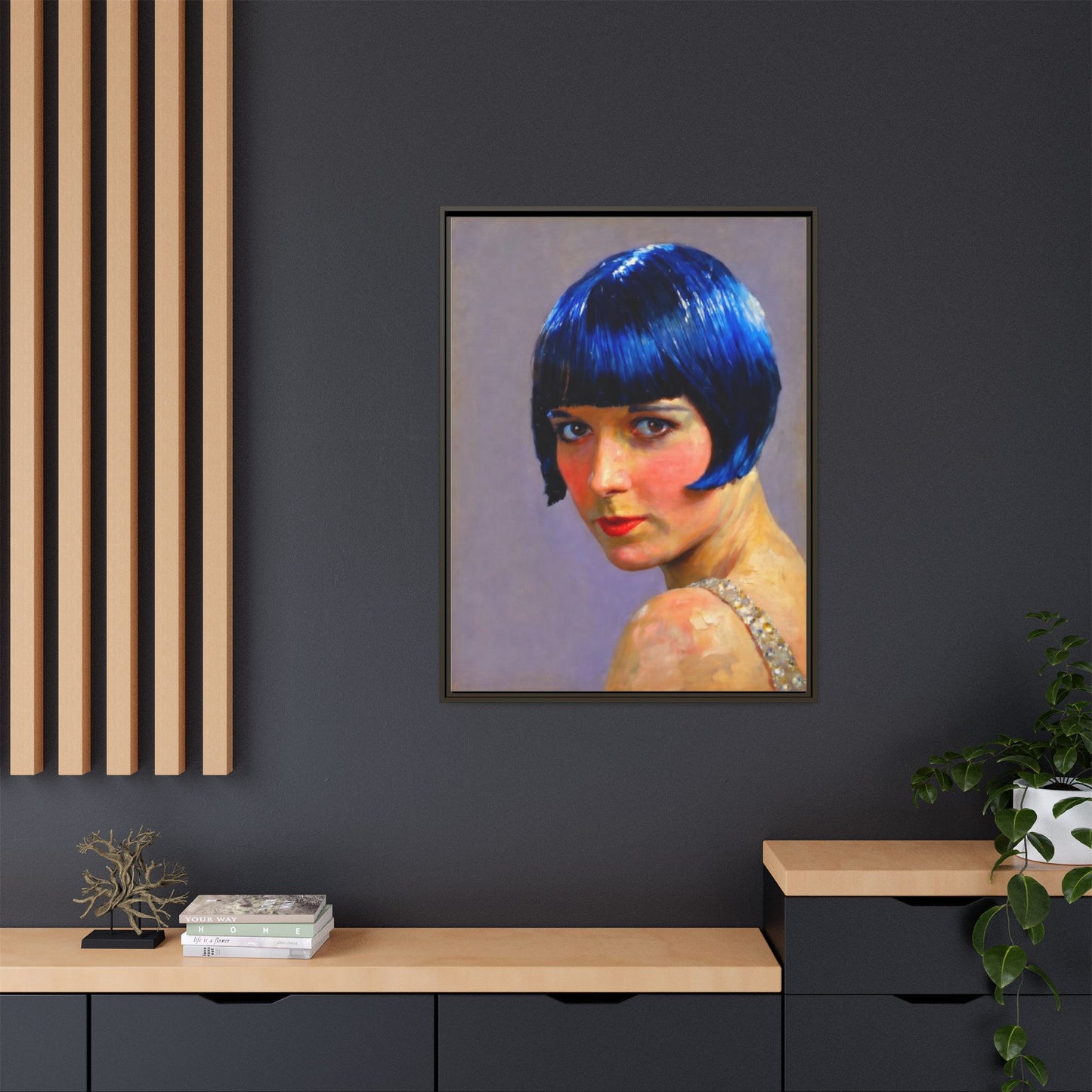 Framed Matte Canvas Art Print — Vintage Portrait with Blue Bob