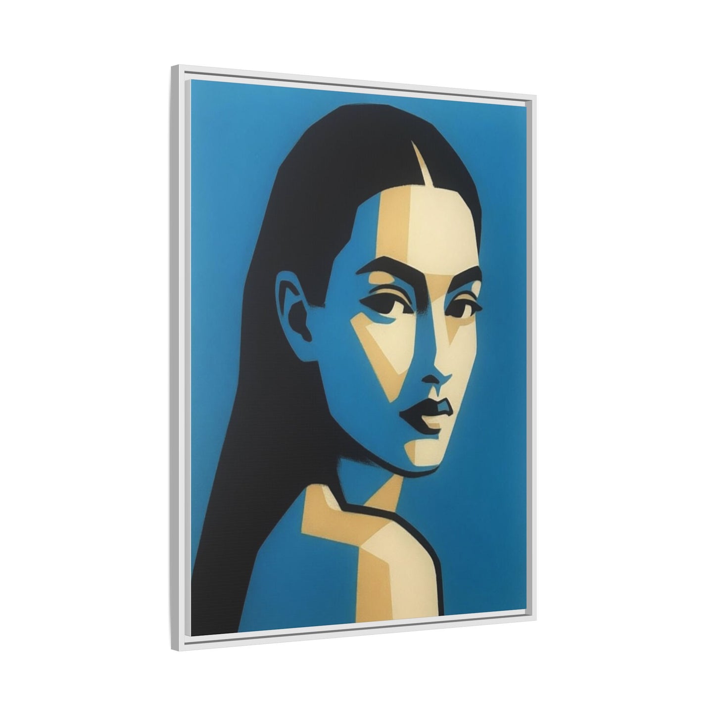 Framed Pop Art Portrait Canvas — Blue Geometric Woman Print