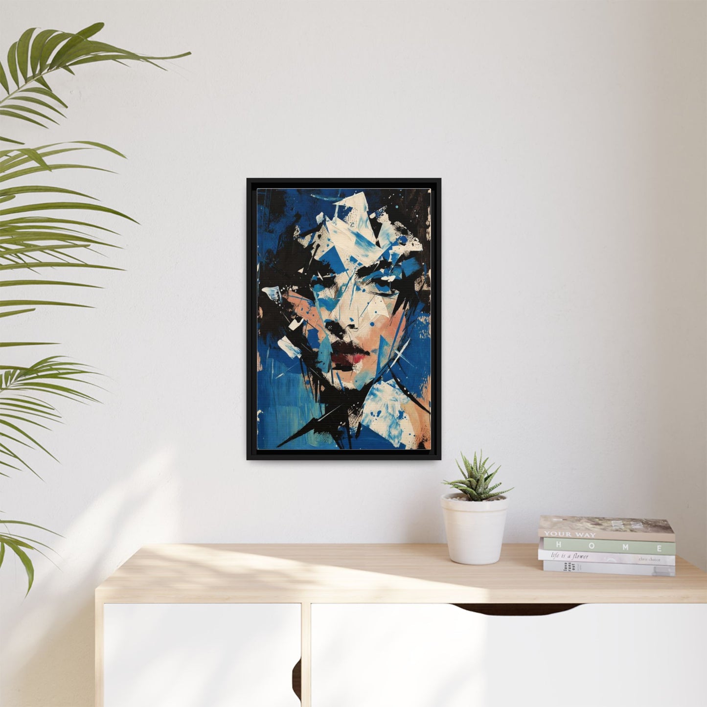 Abstract Portrait Matte Canvas Framed Wall Art — Blue Mixed-Media Face Print