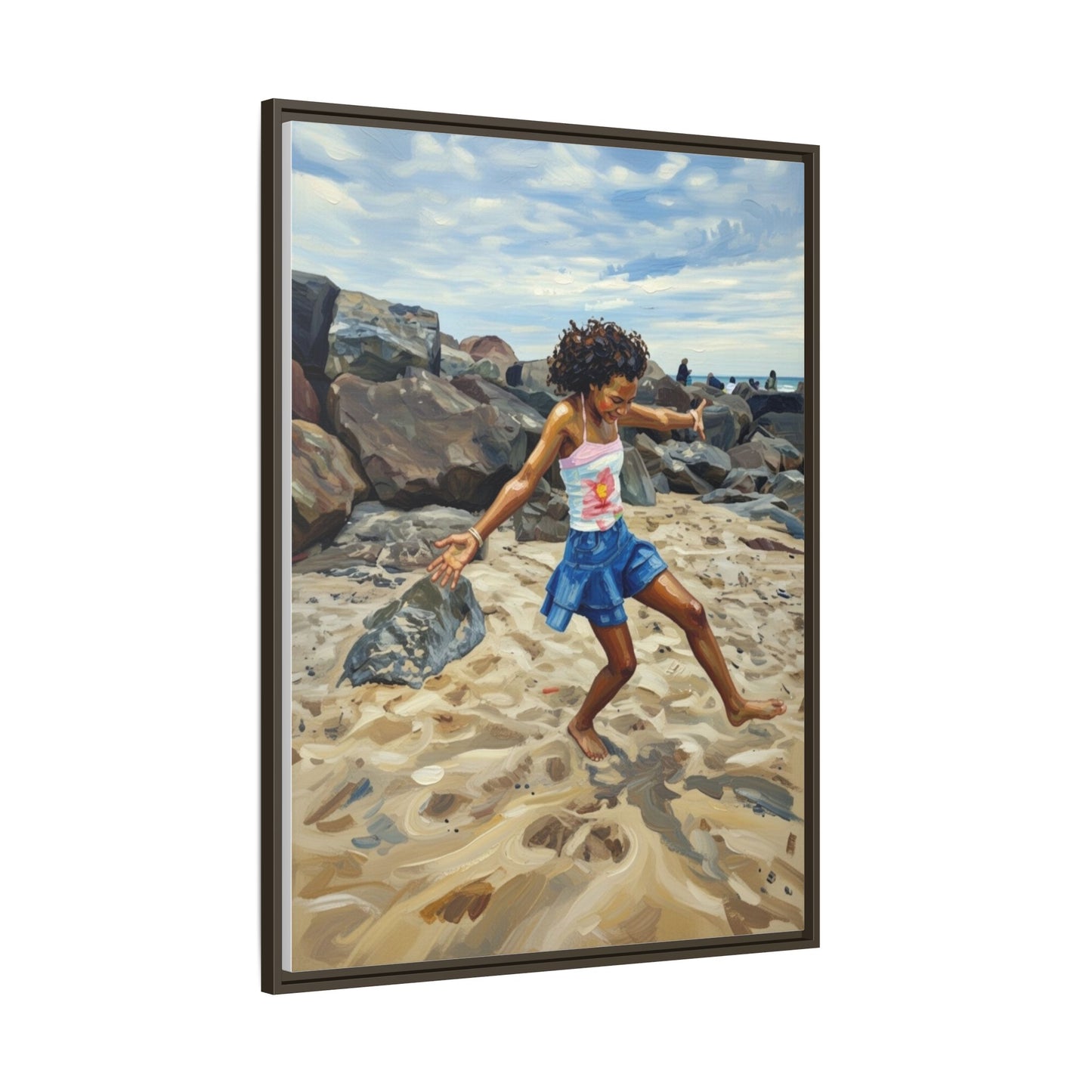 Framed Canvas Art - Girl Dancing on the Beach (Matte Multi-Color)