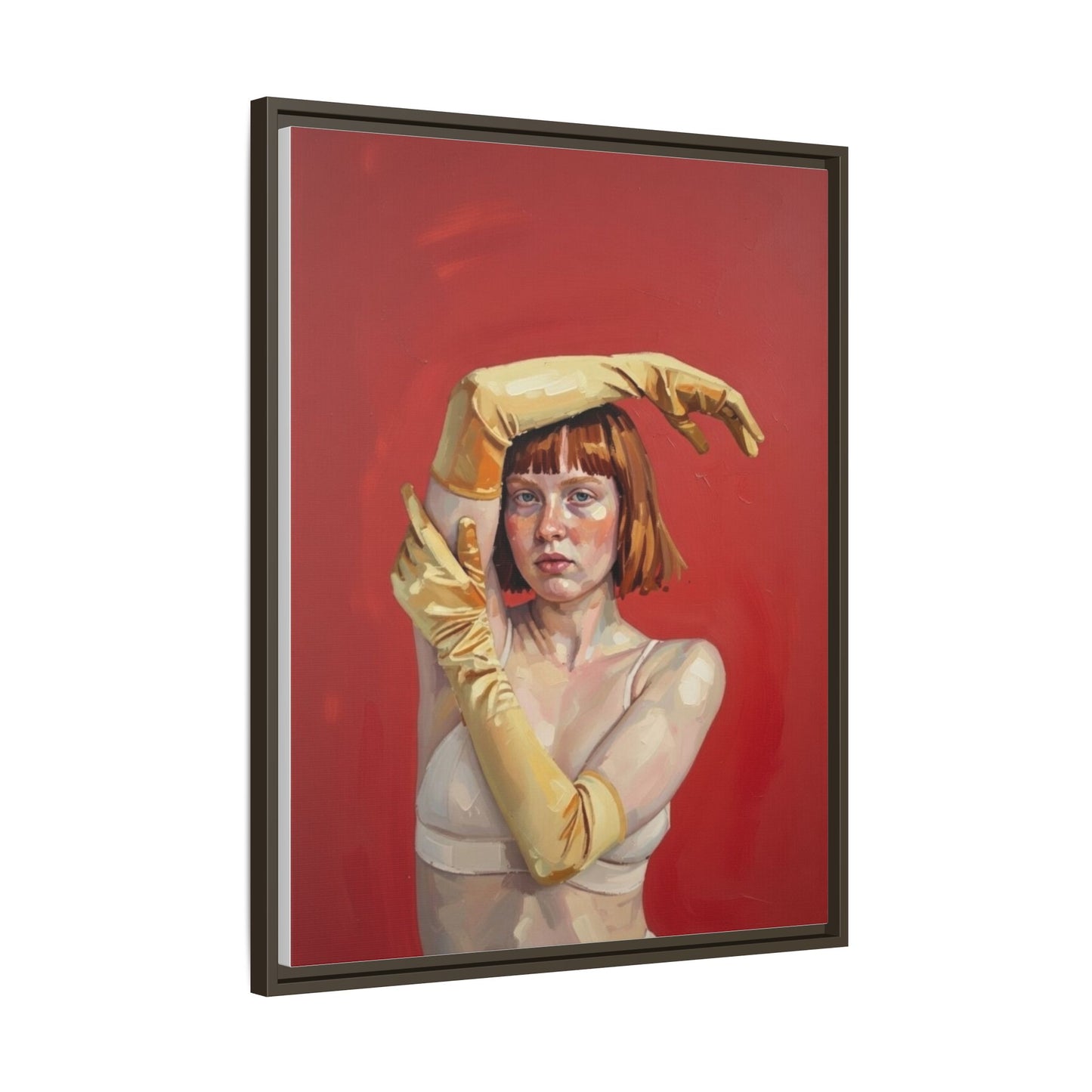Framed Matte Canvas Art - Portrait of Woman in Yellow Gloves (Red Background)