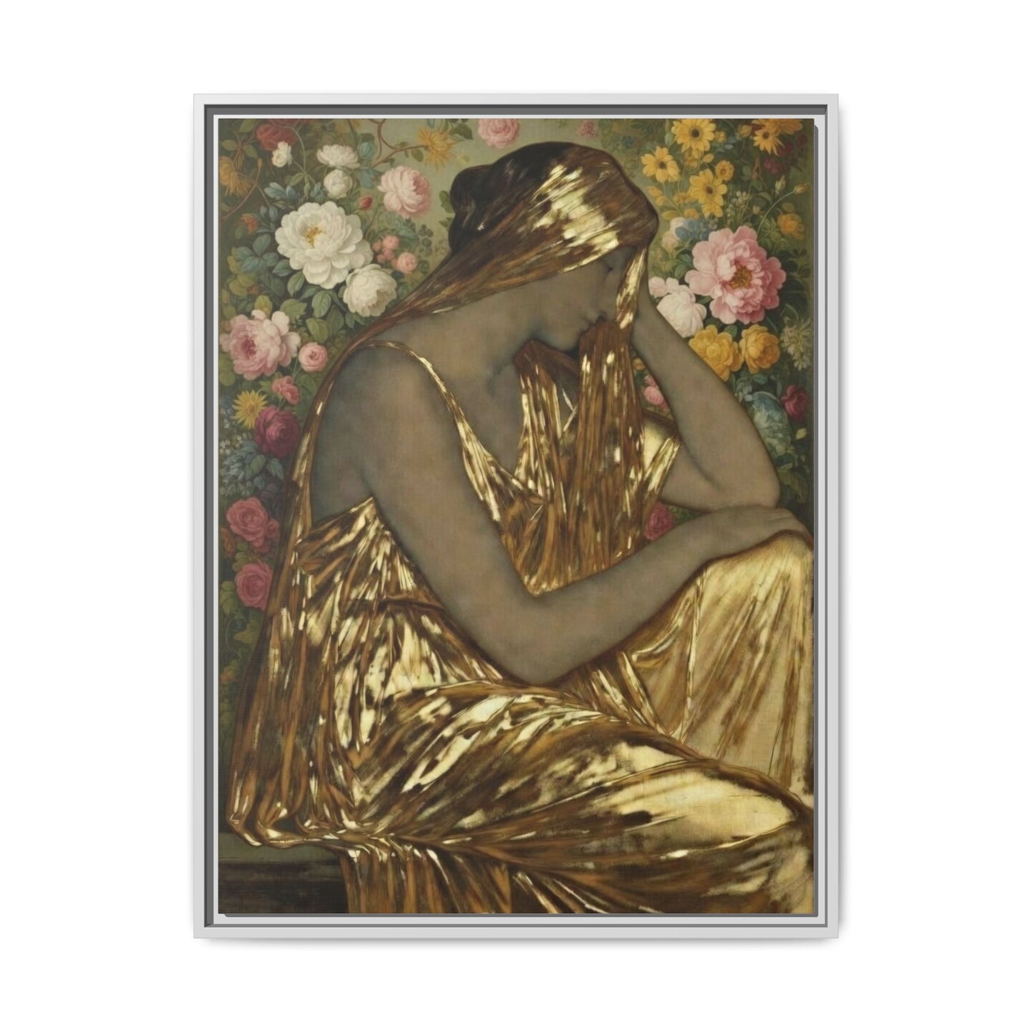 Framed Canvas Art Print — Golden Muse Woman with Floral Background