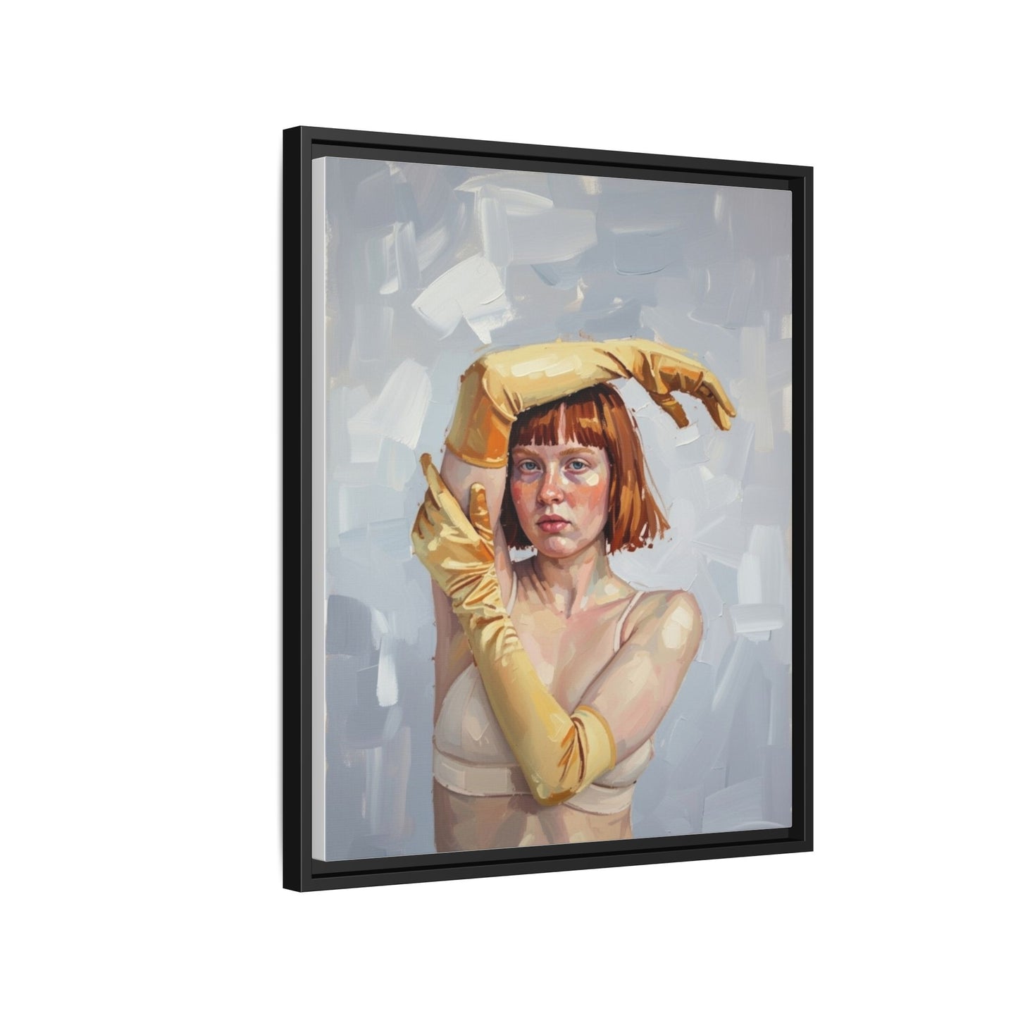 Contemporary Portrait Canvas Print — Woman with Yellow Gloves (Framed Matte)