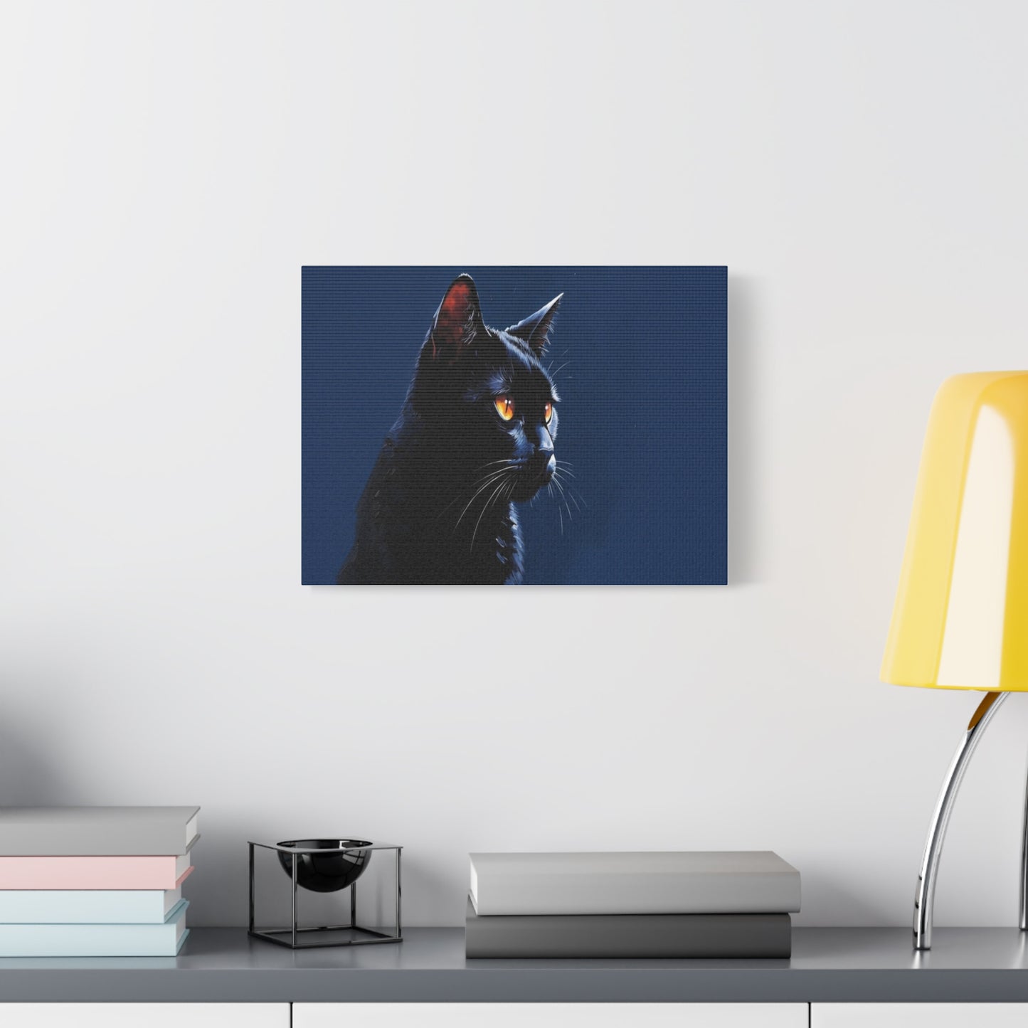 Matte Black Cat on blue background Canvas, Stretched, 1.25"