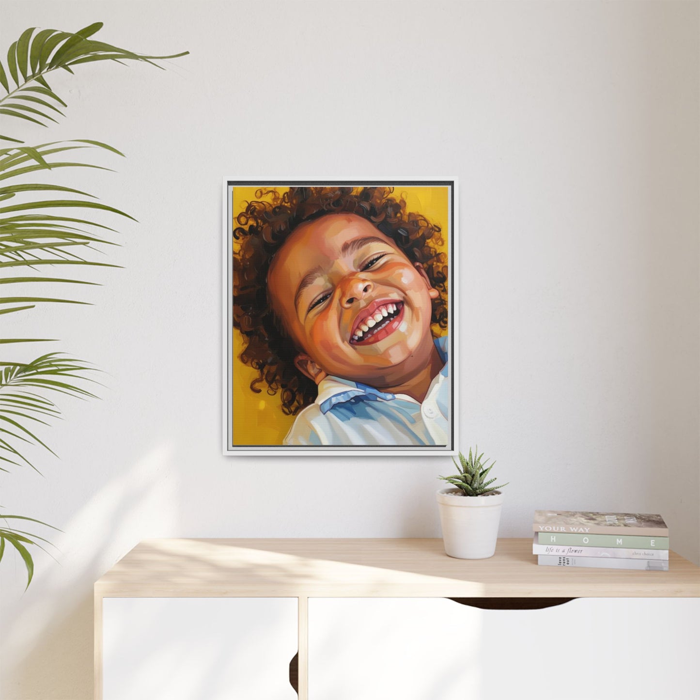 Framed Matte Canvas Print – Joyful Child Portrait, Colorful Nursery Wall Art