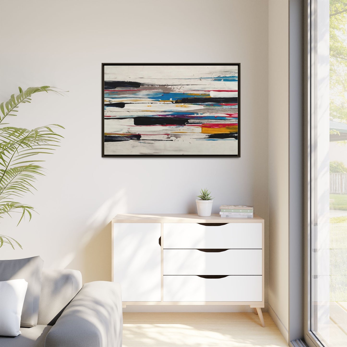 Abstract Multi-Color Framed Canvas Wall Art — Modern Horizontal Brushstroke Print