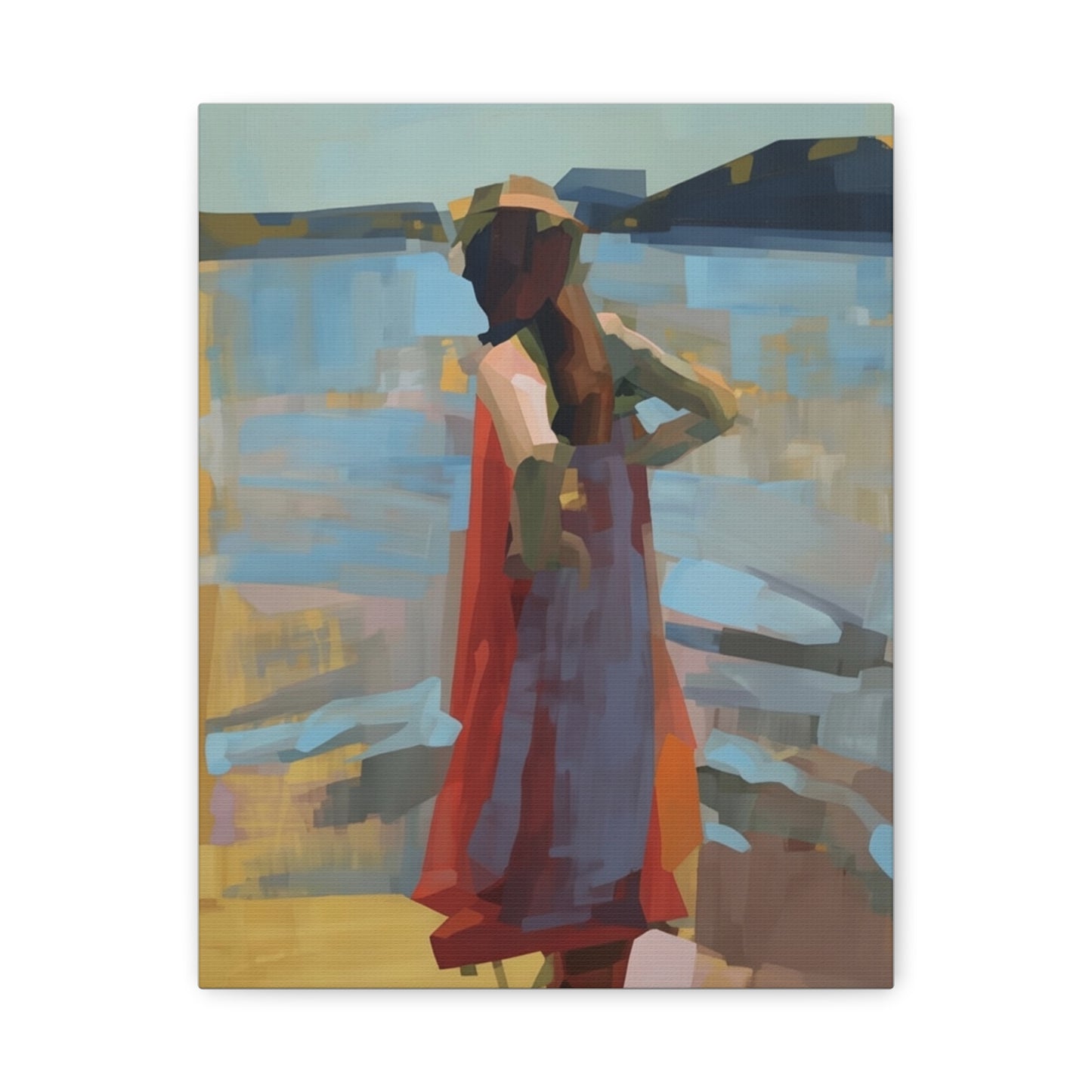 Coastal Stroll Matte Canvas Print — Abstract Woman in Red Dress, Stretched 1.25"