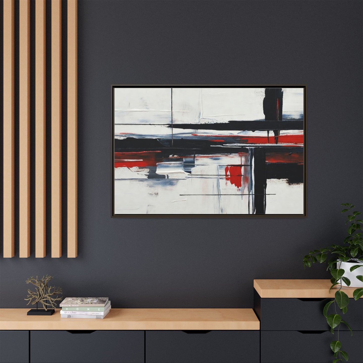 Abstract Red & Black Framed Canvas Art — Modern Matte Wall Painting