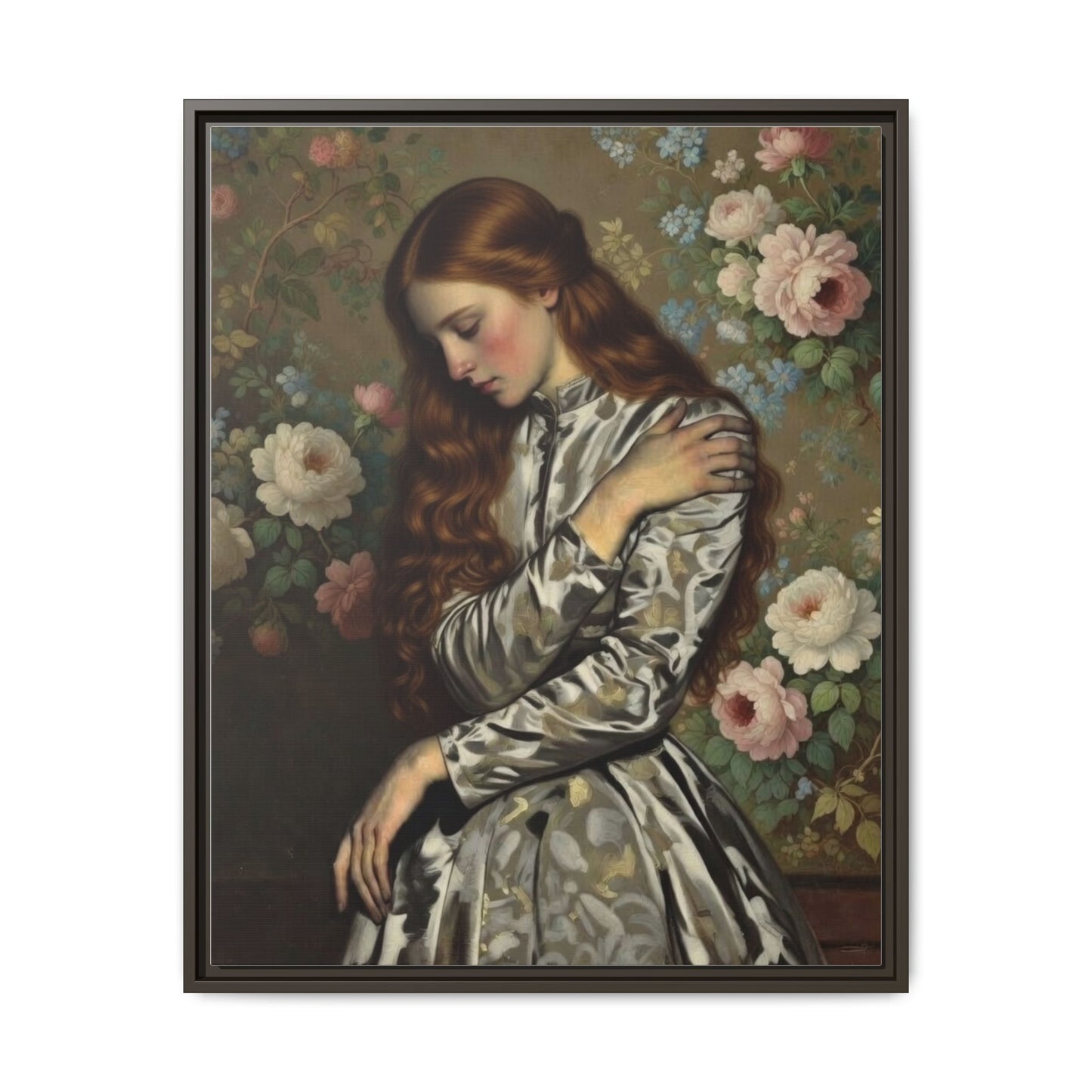 Framed Matte Canvas Art — Vintage Floral Portrait of a Young Woman