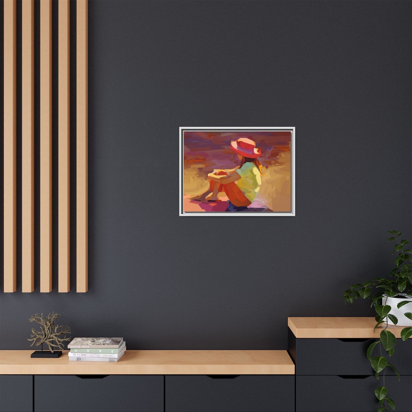 Framed Matte Canvas — Colorful Seated Girl Beach Art