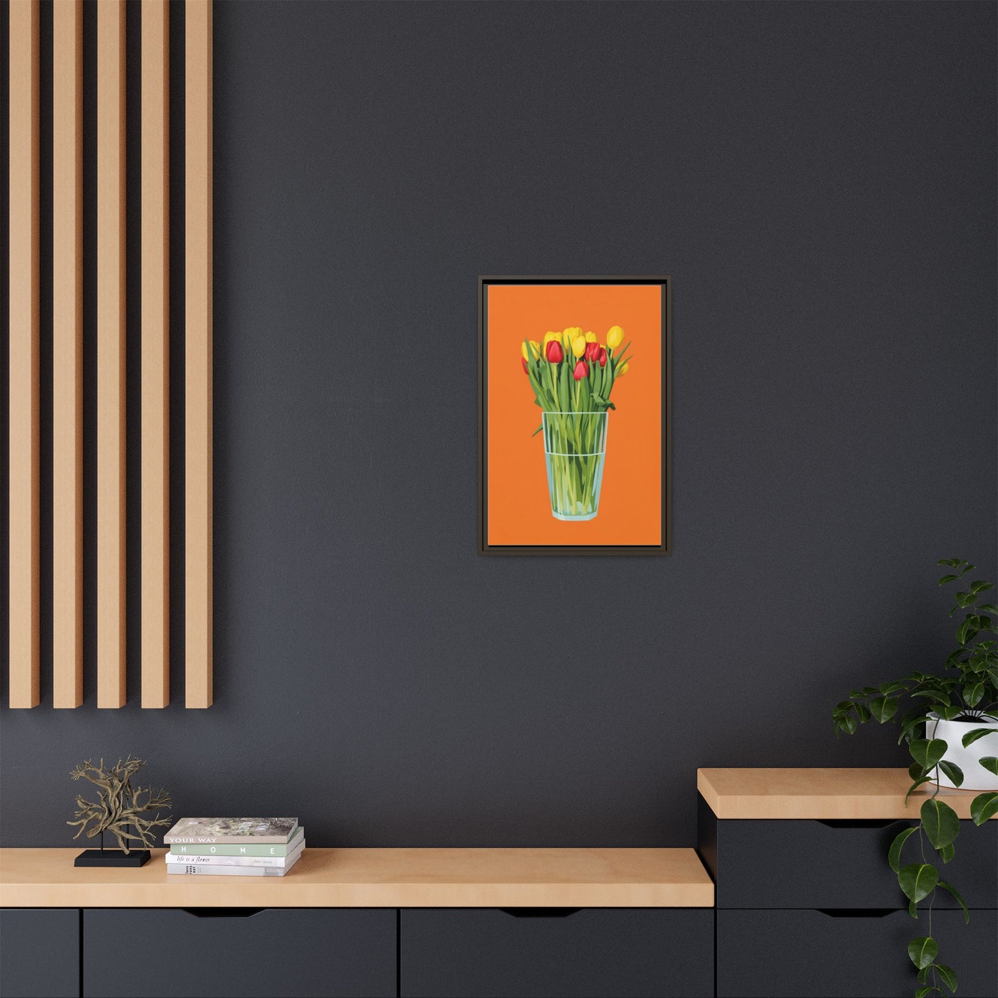 Framed Tulip Canvas Print — Colorful Tulips in Glass Vase