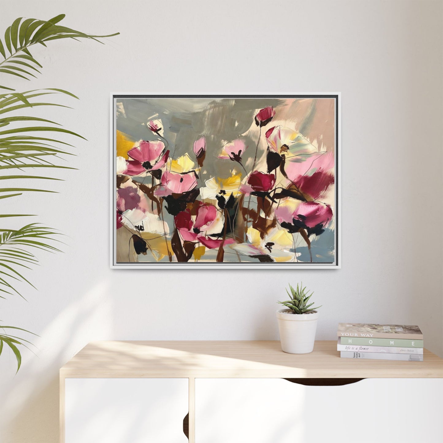 Framed Floral Canvas Wall Art — Abstract Pink & Yellow Flowers
