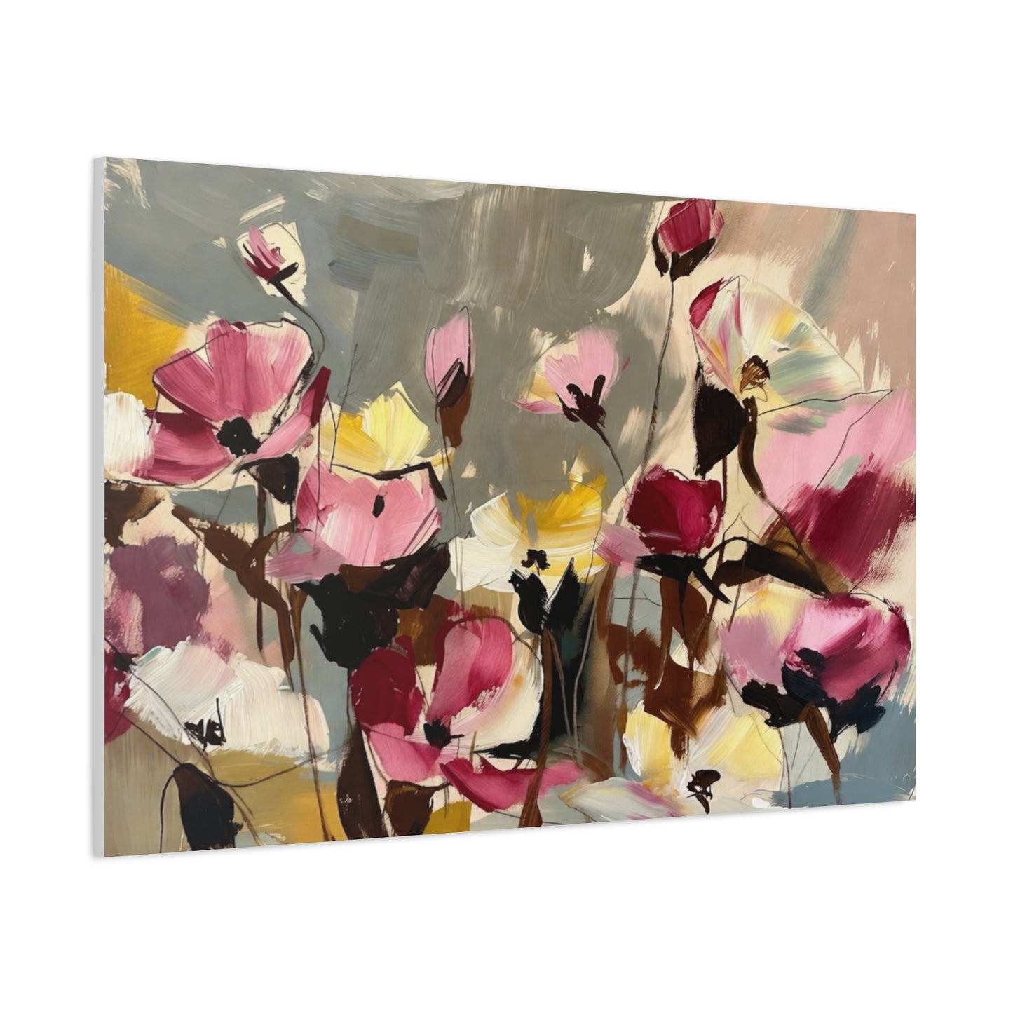 Floral Abstract Canvas Wall Art — Pink & Yellow Bloom Stretched Matte Print