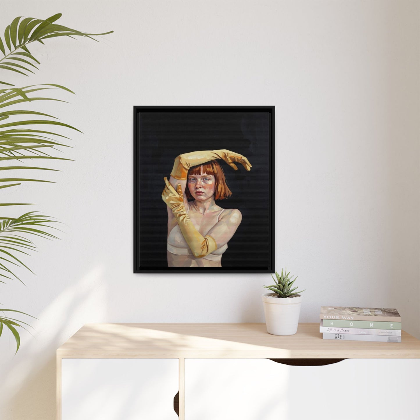 Framed Matte Canvas Art – Portrait of Woman in Yellow Gloves
