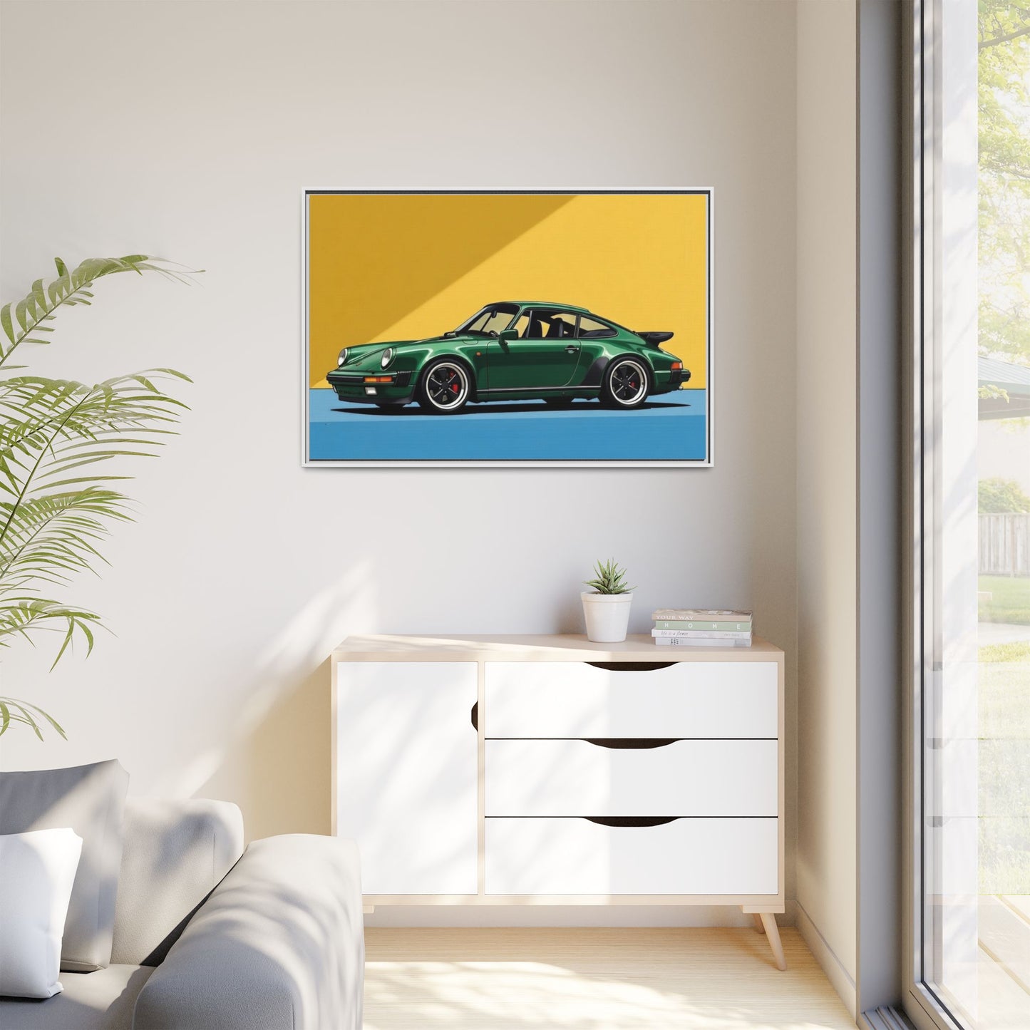 Framed Matte Canvas — Green Sports Car Wall Art