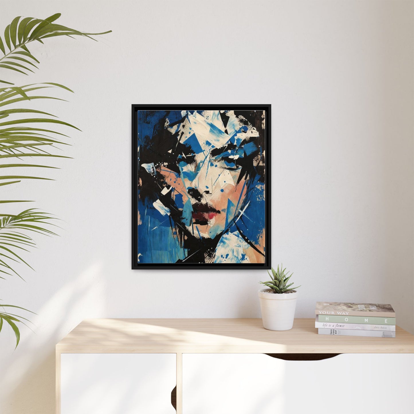Abstract Portrait Matte Canvas Framed Wall Art — Blue Mixed-Media Face Print