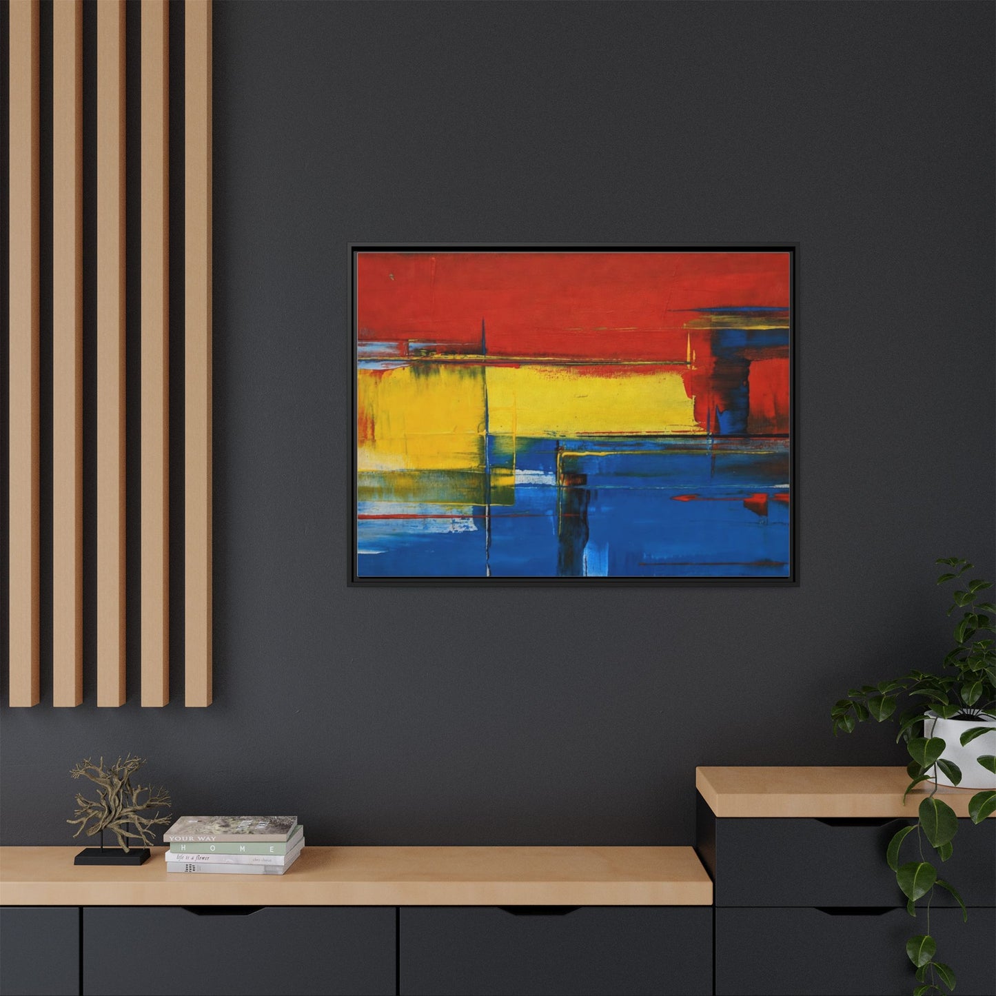 Abstract Color Block Matte Canvas Framed Wall Art — Modern Red Yellow Blue Painting