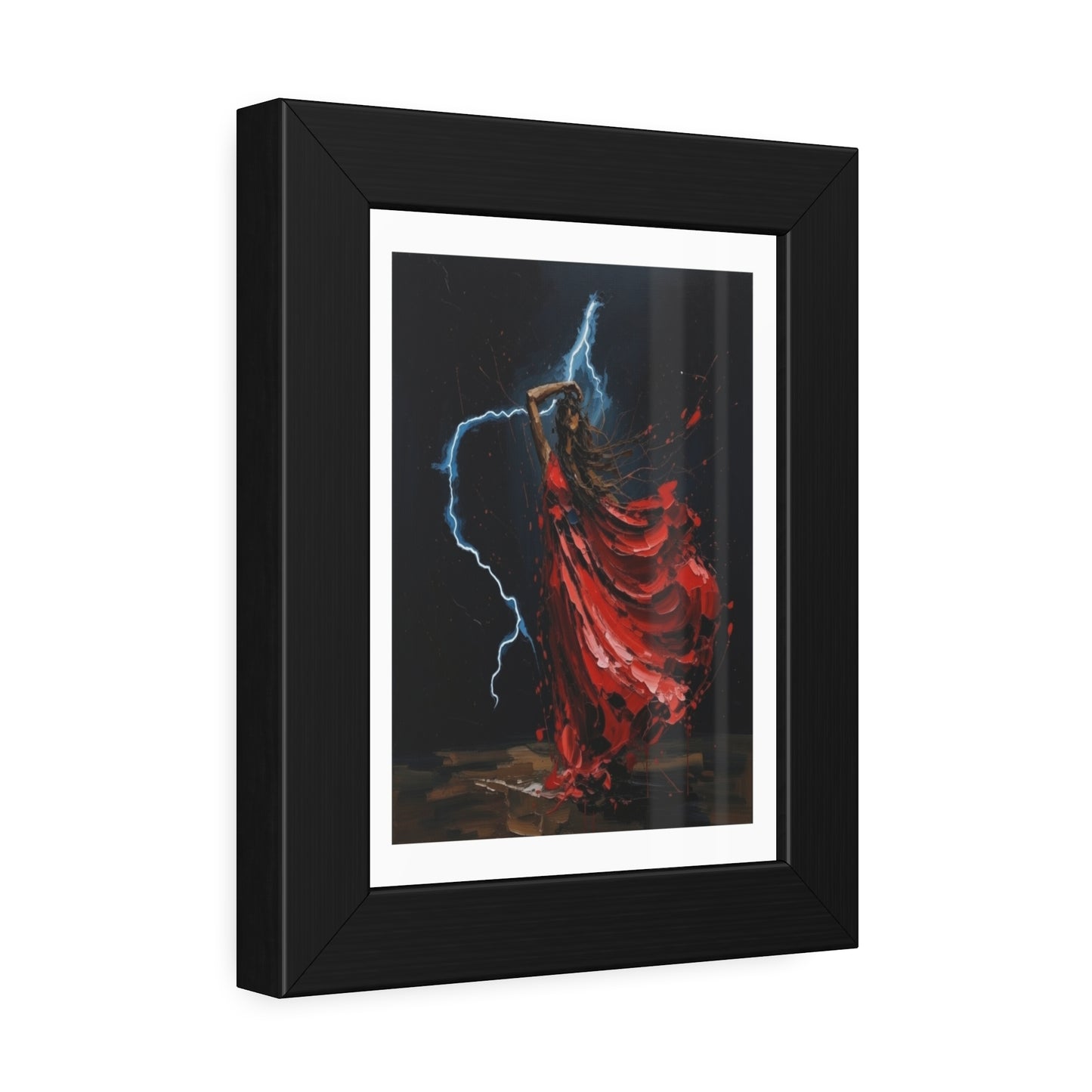 Framed Poster — Red-Dressed Dancer with Lightning Art Print