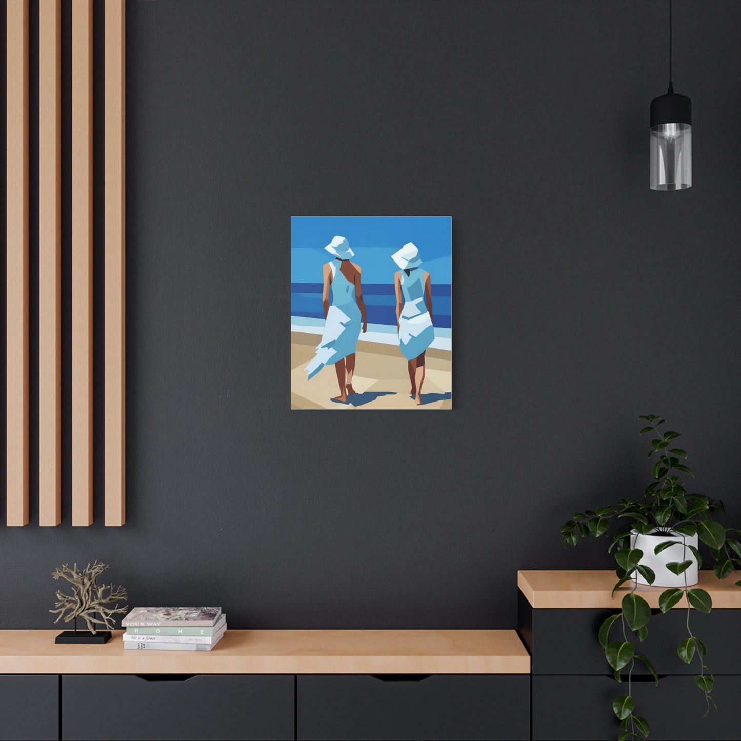 Beach Stroll Canvas Print — Two Women in Blue Sun Hats Matte Stretched