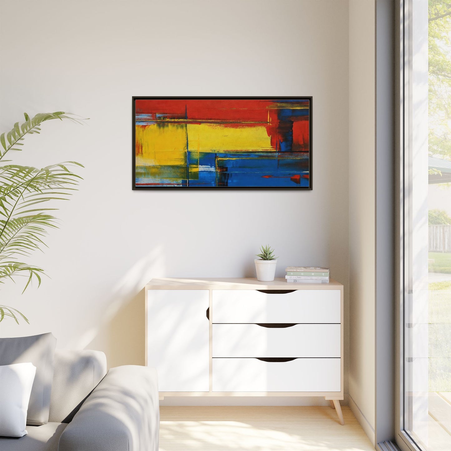 Abstract Color Block Matte Canvas Framed Wall Art — Modern Red Yellow Blue Painting