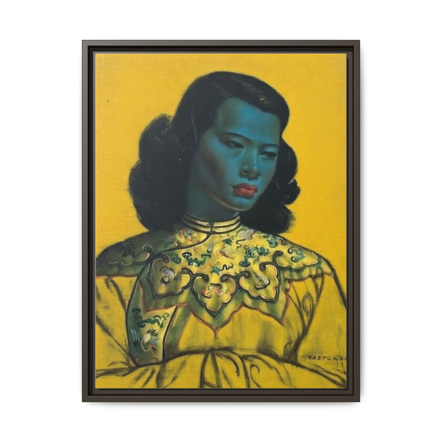 Framed Matte Canvas Art Print — Vintage Portrait with Yellow Background