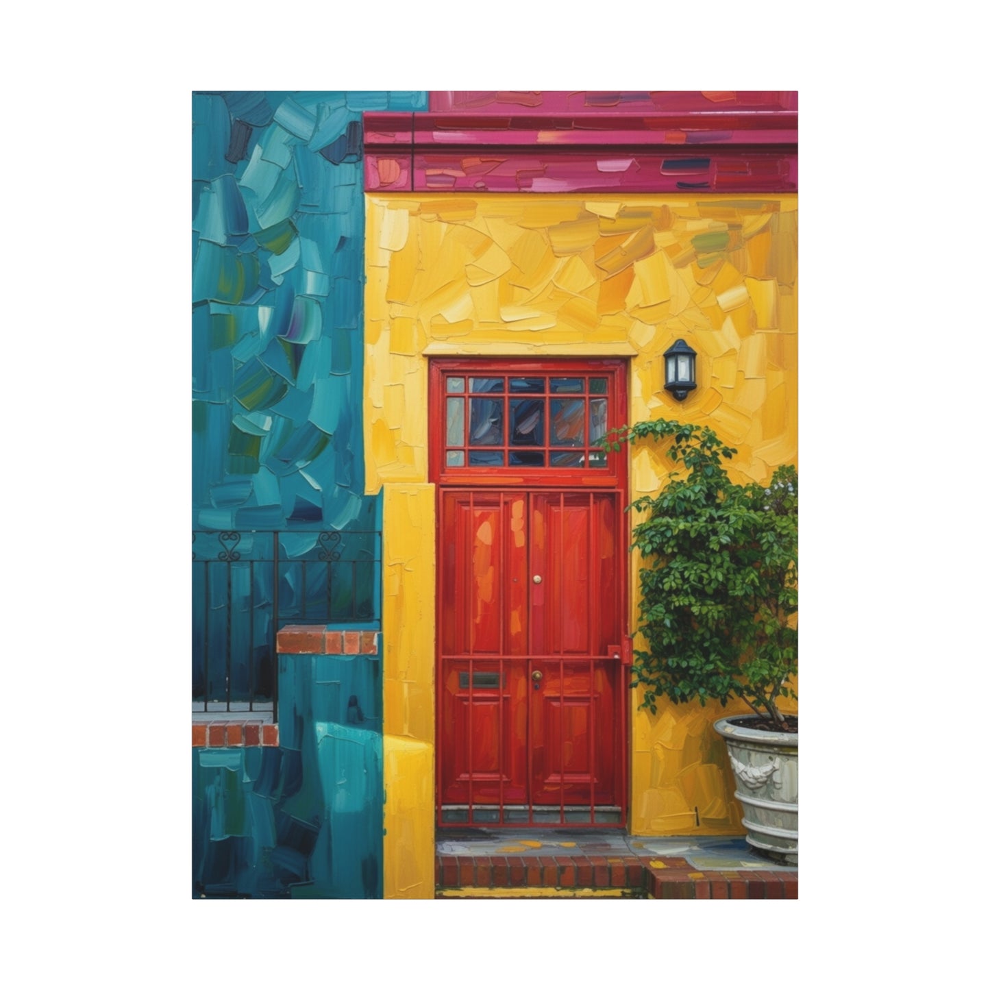 Colorful Doorway Canvas Wall Art — Vibrant Yellow & Teal Street Scene, Matte Stretched Print