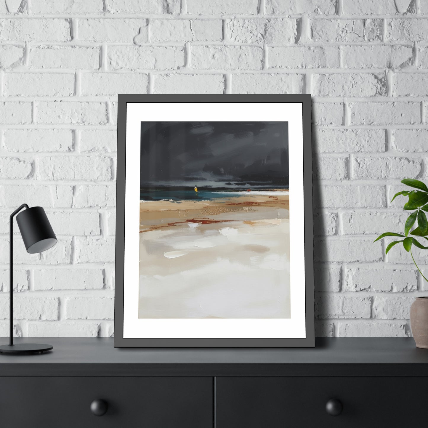 Framed Coastal Beach Print — Moody Seascape Poster in Black Frame