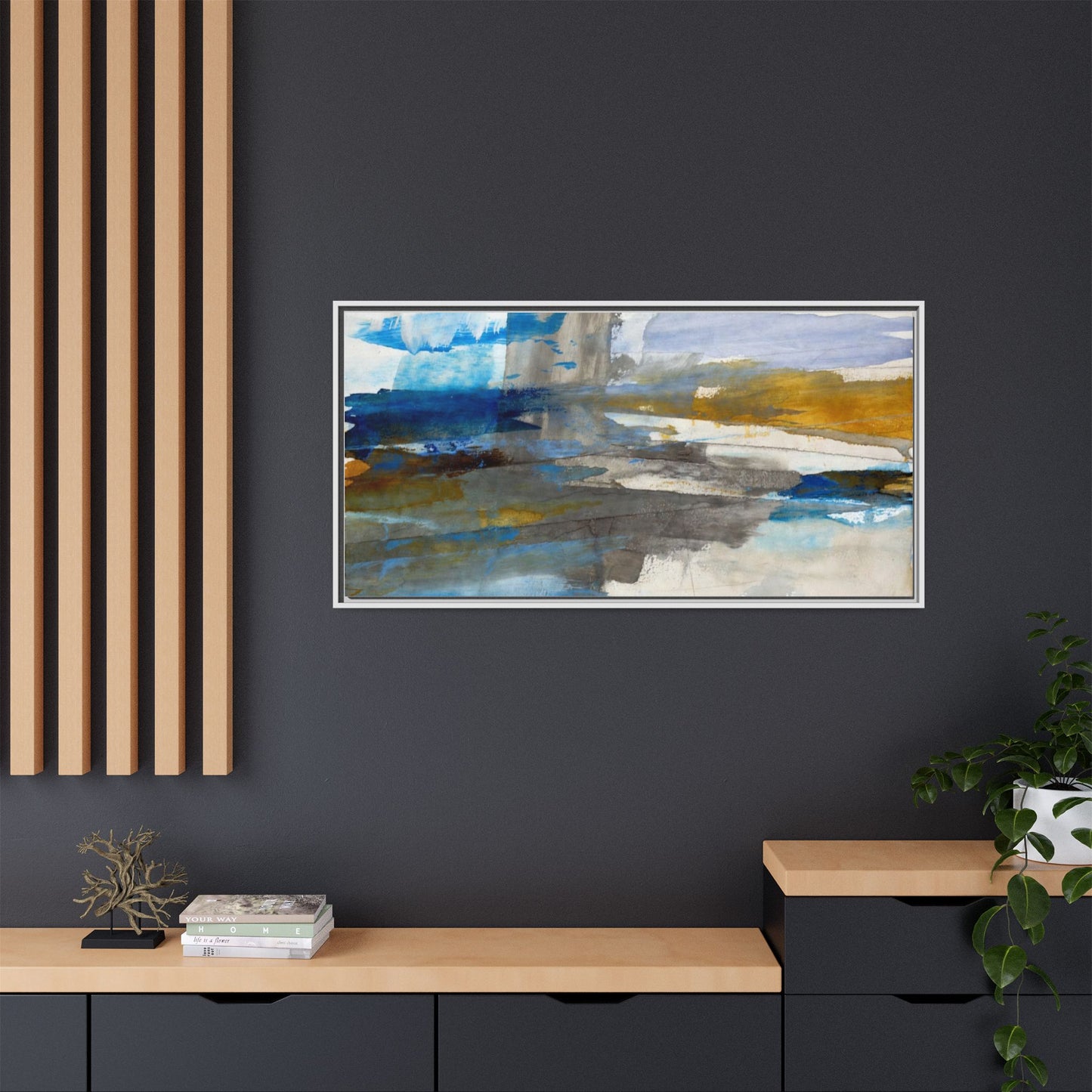 Abstract Blue & Gold Framed Canvas Art — Matte Multi-Color Wall Print