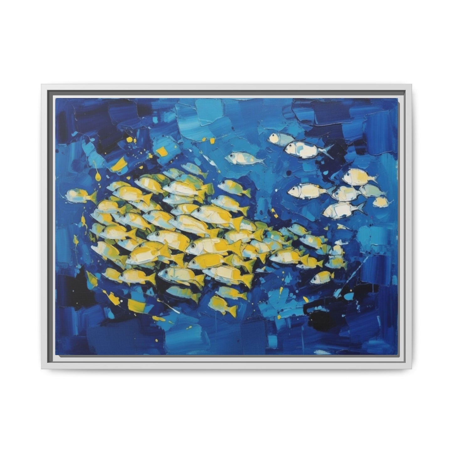 Framed Matte Canvas: Blue School of Fish Wall Art