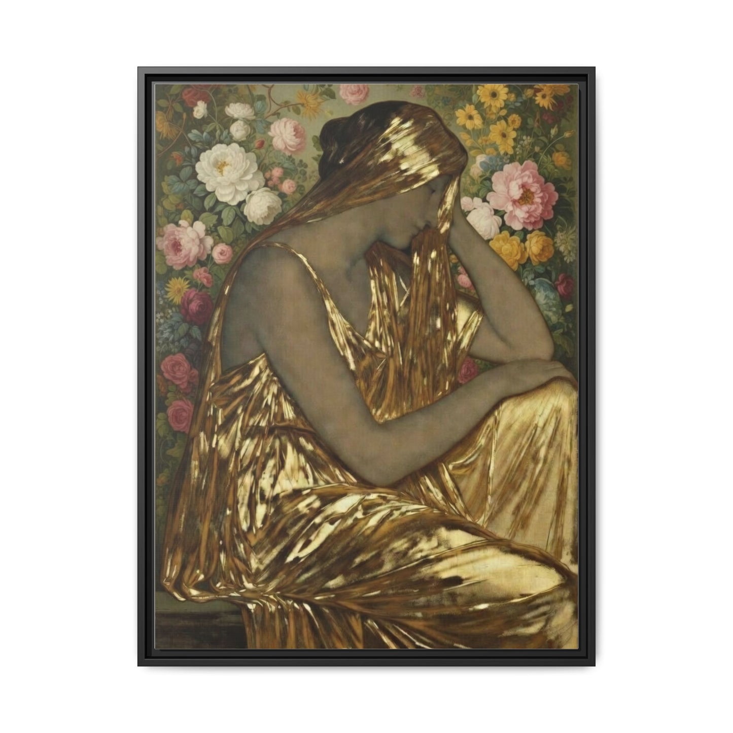 Framed Canvas Art Print — Golden Muse Woman with Floral Background