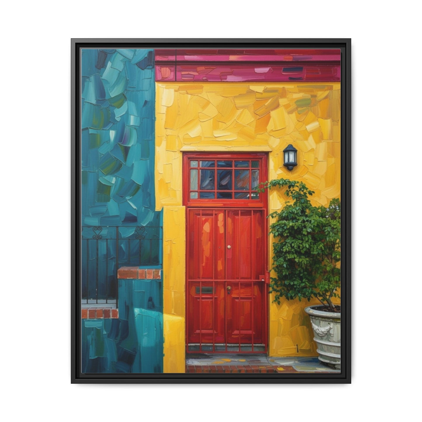 Framed Matte Canvas Wall Art — Colorful Red Door on Yellow Facade