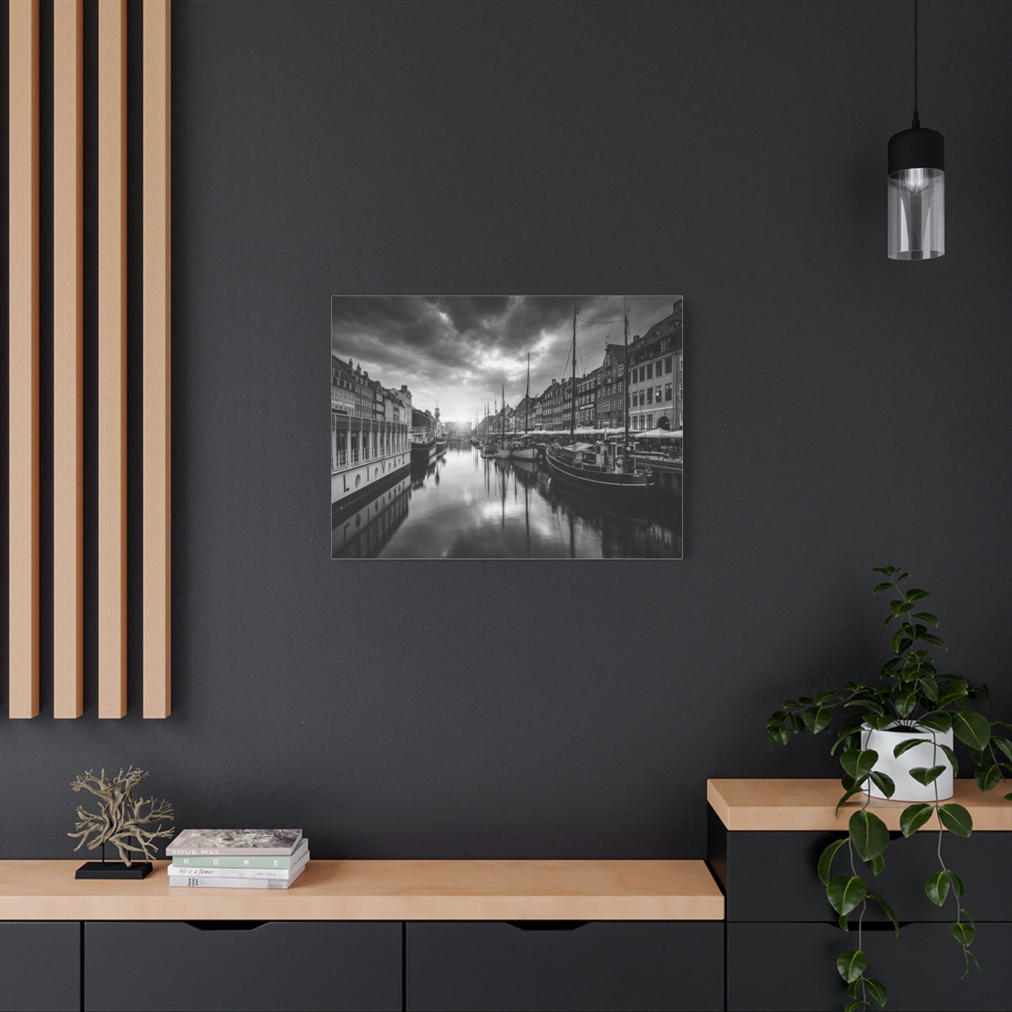 Black & White Harbor Canvas Print — Dramatic Copenhagen Cityscape Wall Art