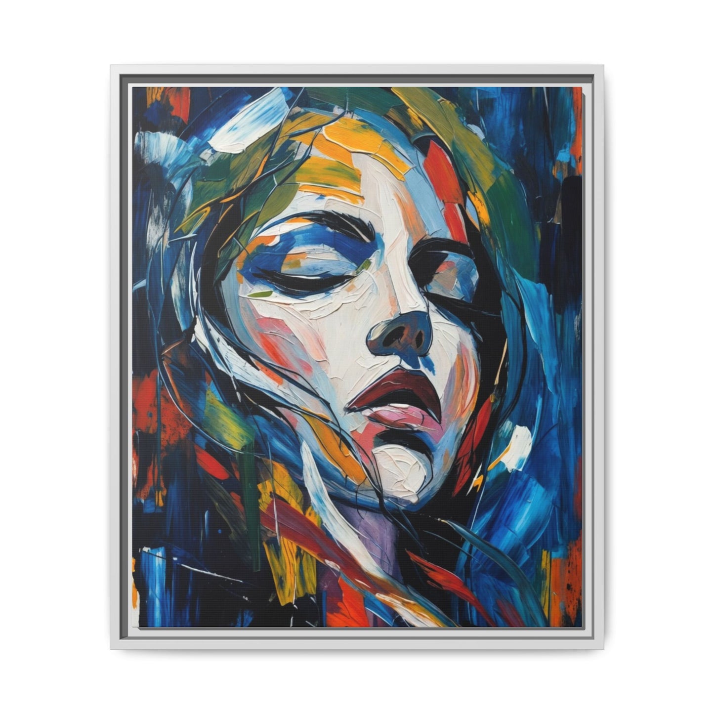 Abstract Colorful Woman Portrait — Framed Matte Canvas Wall Art