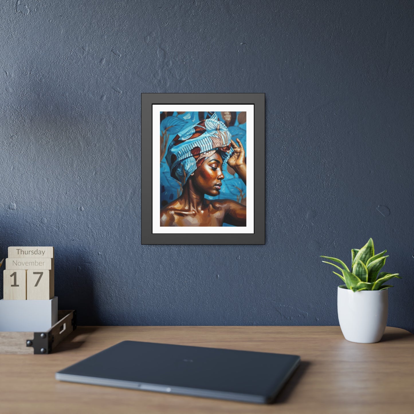 Framed Art Print — Portrait of Woman with Blue Headwrap (Gallery Wall Decor)
