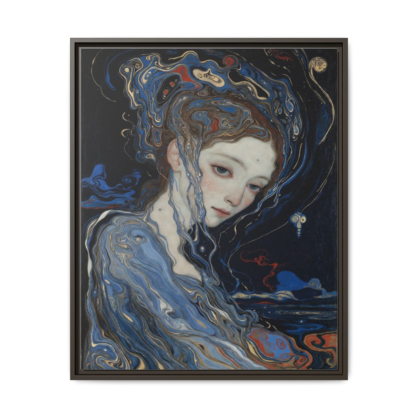 Framed Matte Canvas Art Print — Surreal Blue Maiden Portrait