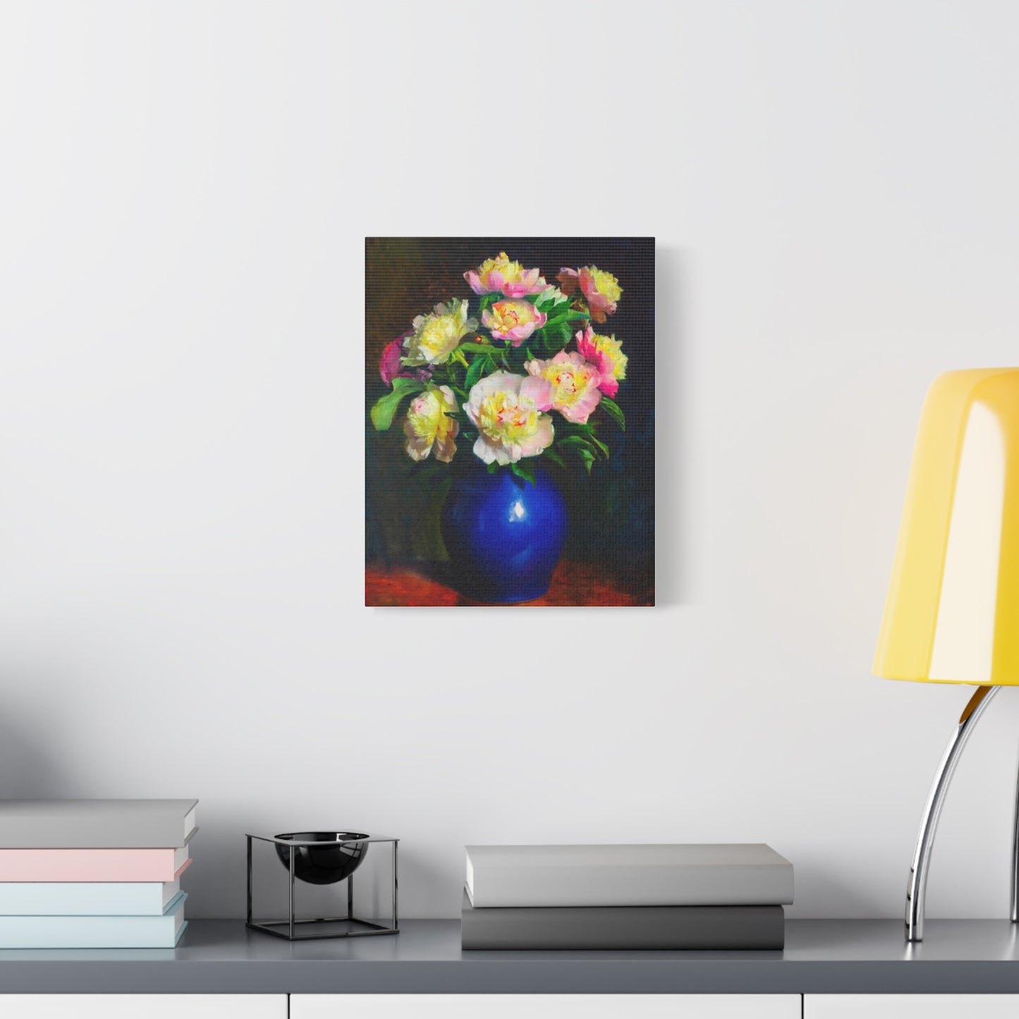 Peony Bouquet Canvas Print — Pink Peonies in Blue Vase, Stretched Matte Wall Art