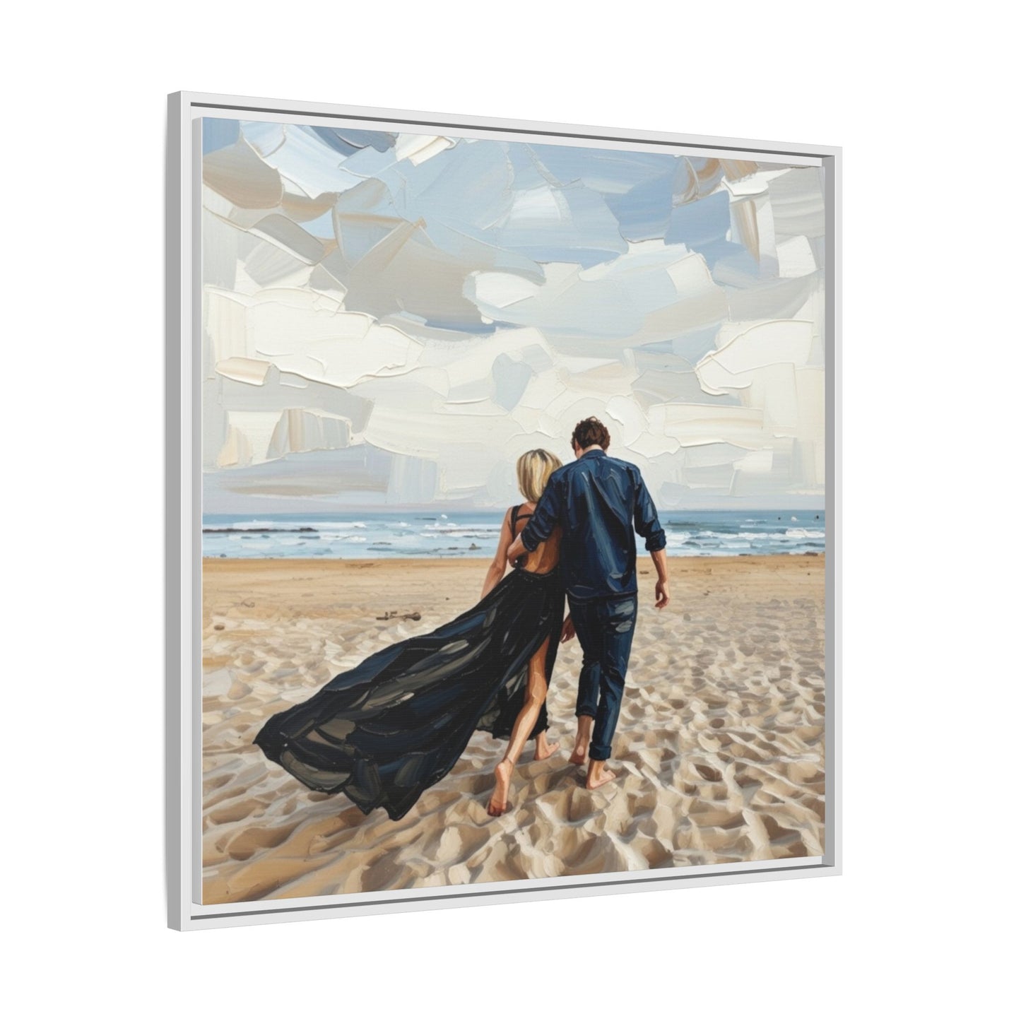 Framed Canvas Wall Art — Romantic Couple Walking on Beach Print