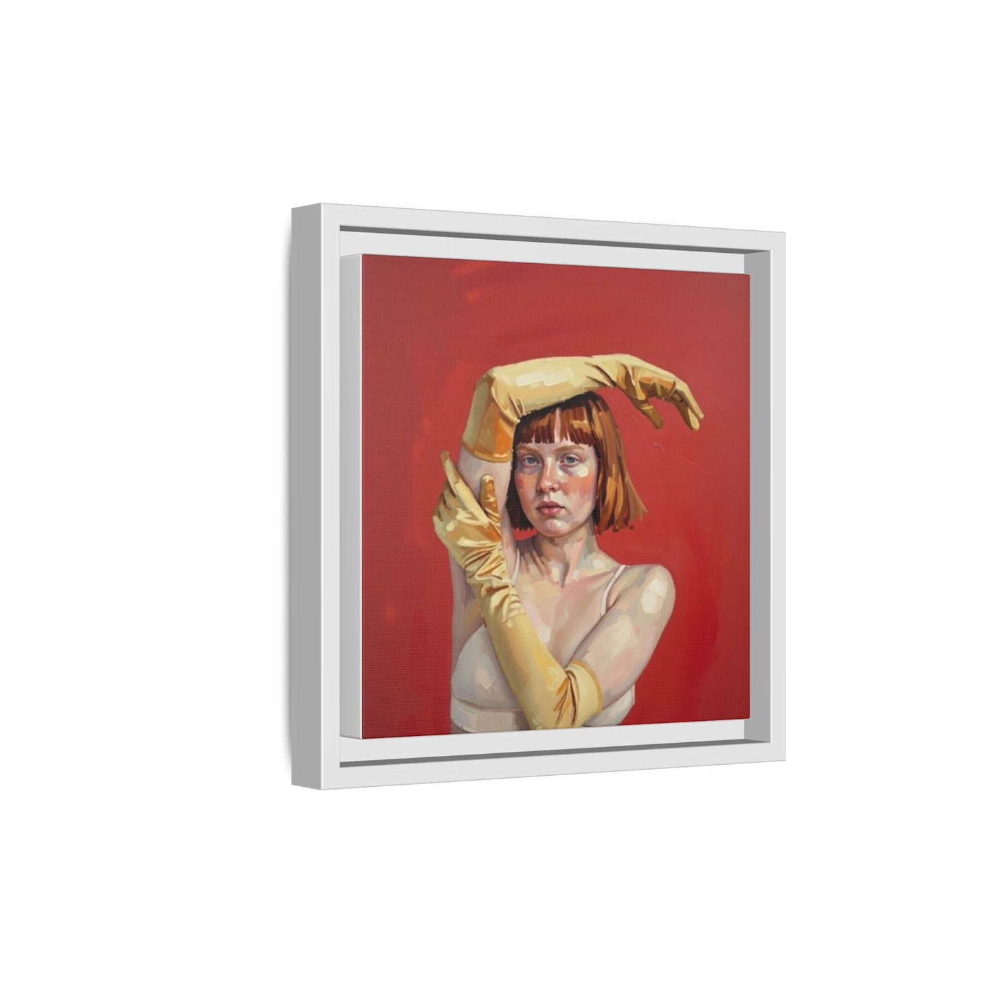 Framed Matte Canvas Art - Portrait of Woman in Yellow Gloves (Red Background)