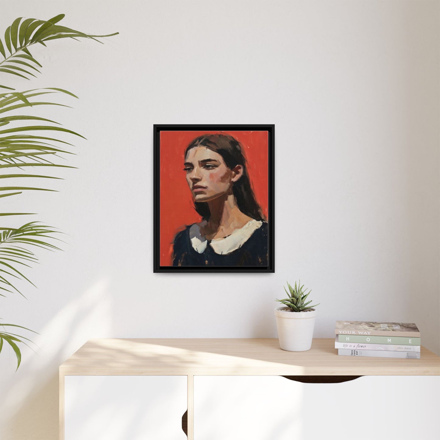 Framed Matte Canvas Portrait Print — Moody Red Figurative Art