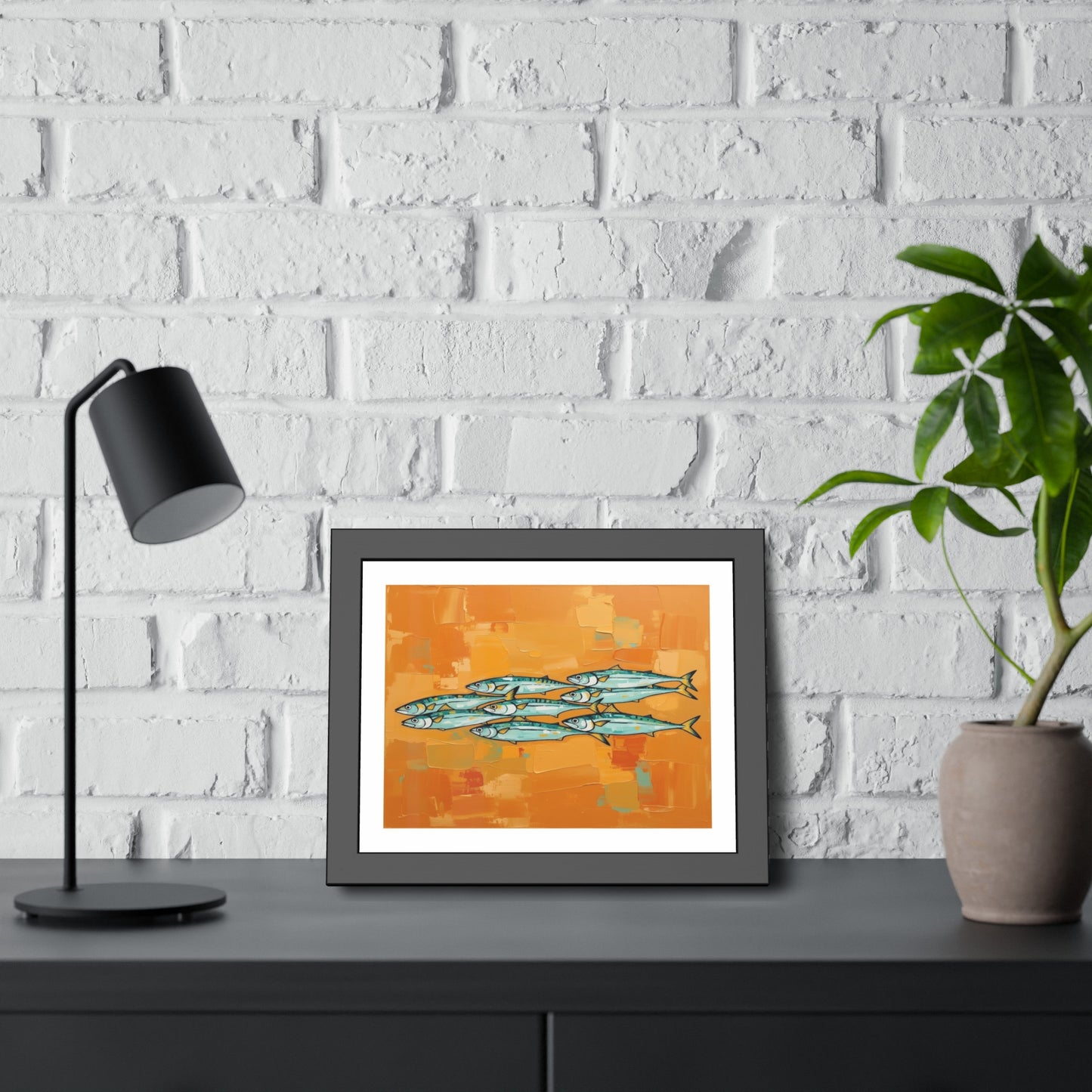 Framed Fish Art Print — School of Mackerel on Orange Abstract Background