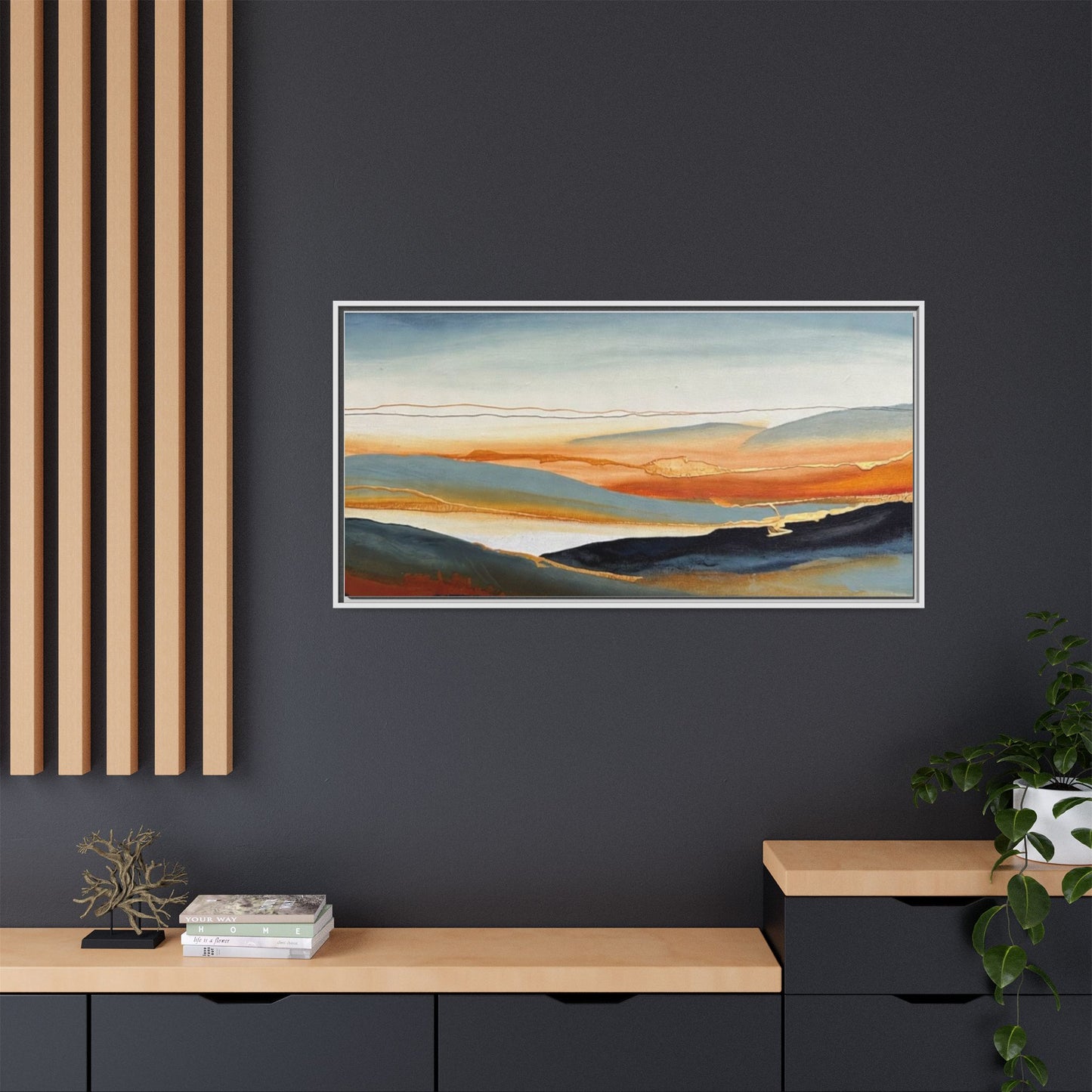 Framed Matte Canvas: Abstract Coastal Sunset Landscape Wall Art