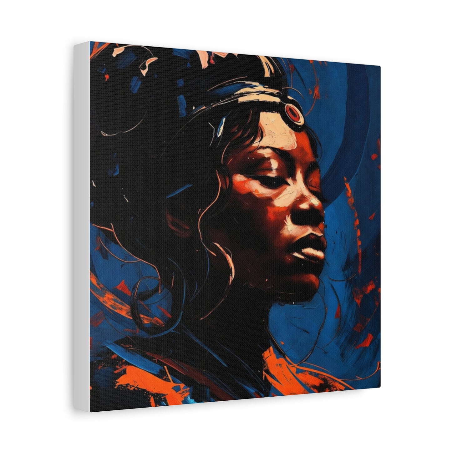 Regal Afrocentric Portrait Matte Canvas Art – Vibrant Blue & Orange Stretched Wall Decor