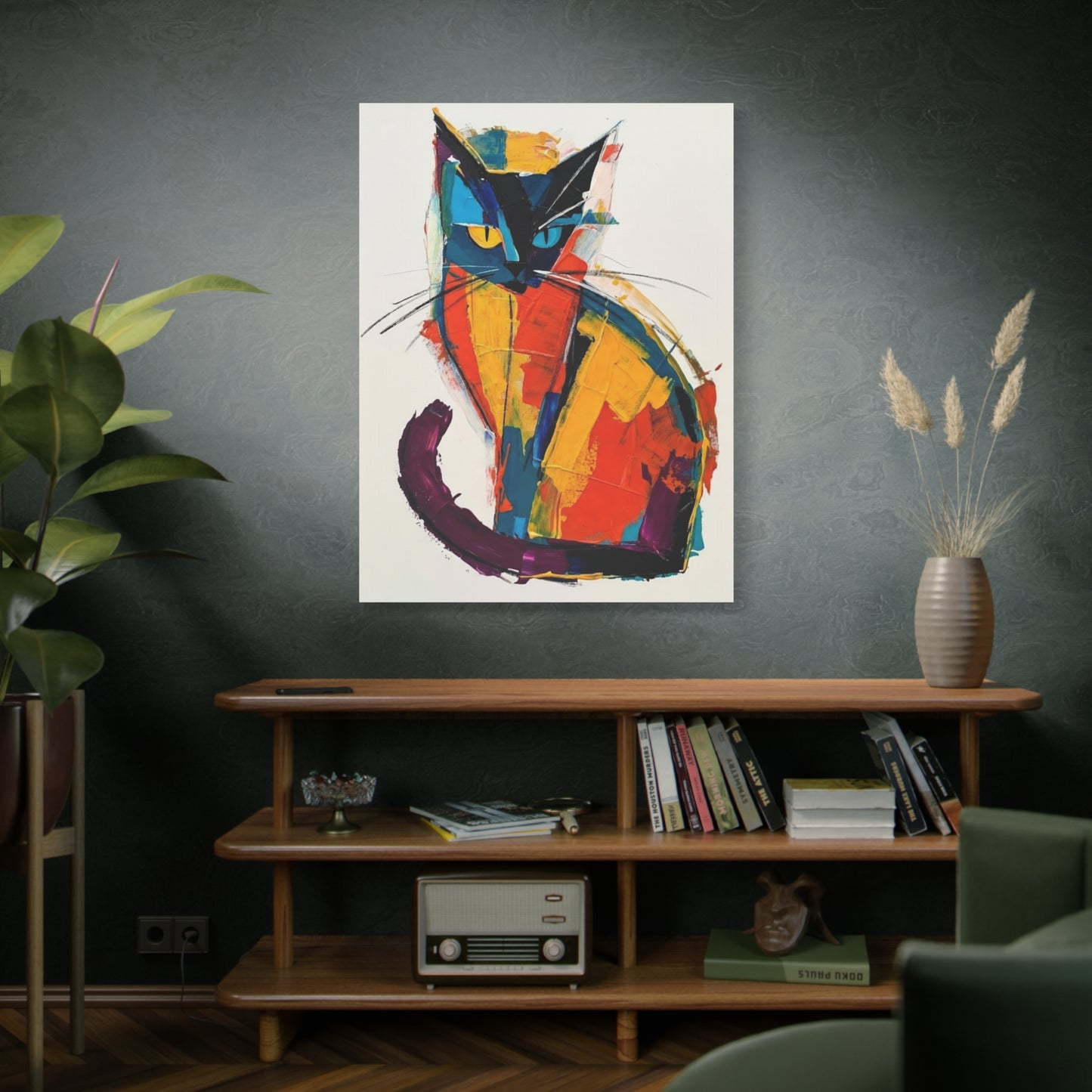 Colorful Abstract Cat Canvas Art - Modern Stretched Matte Wall Decor
