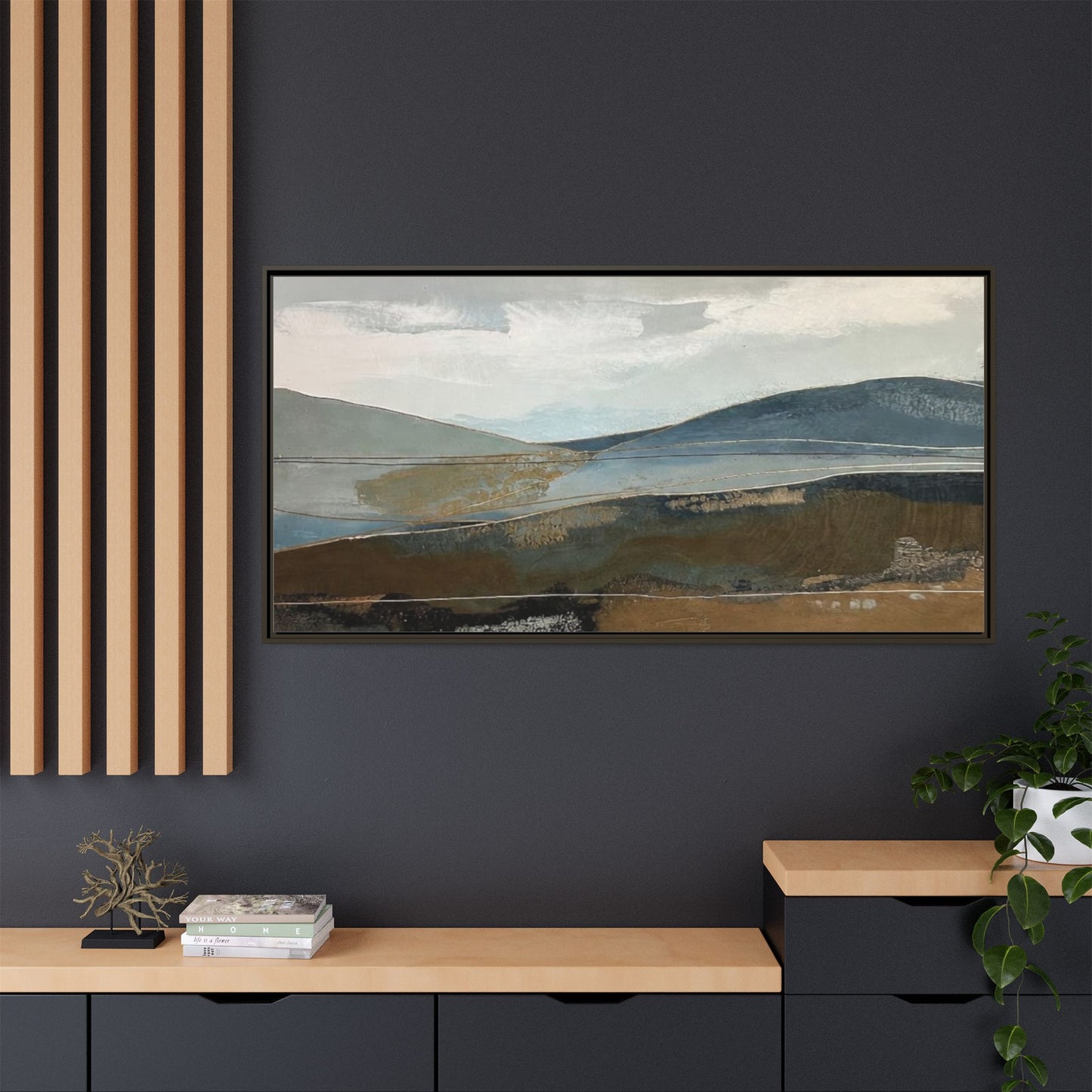 Framed Matte Canvas Landscape Art - Serene Abstract Hills in Blue & Earth Tones