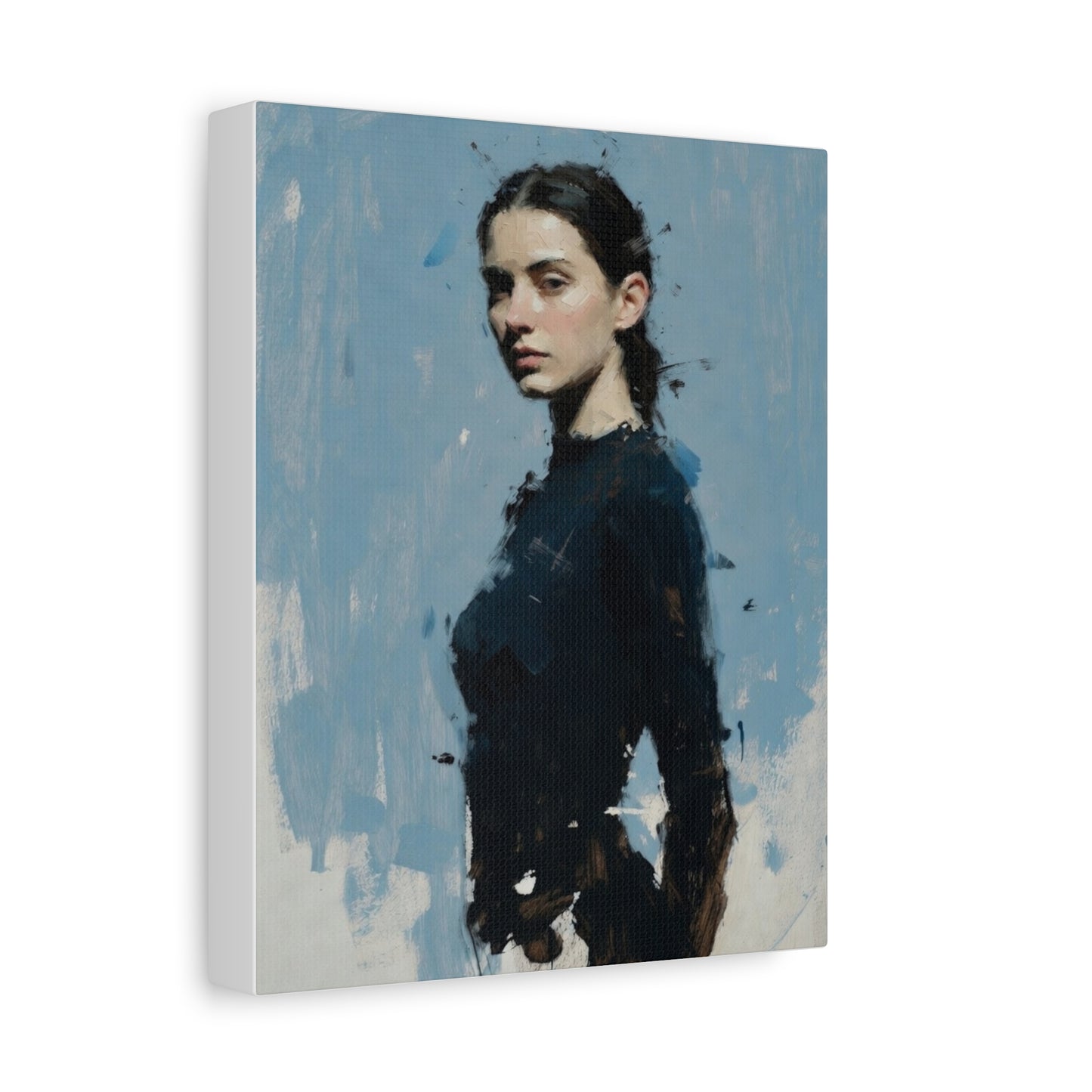 Matte Stretched Canvas Print — Portrait of a Young Woman, Moody Blue Figurative Art