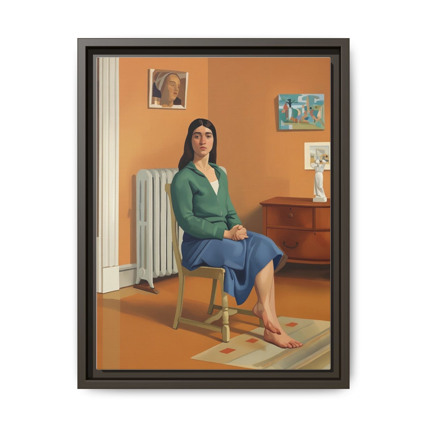 Framed Matte Canvas Print — Woman Seated in Warm Interior (Midcentury Portrait)