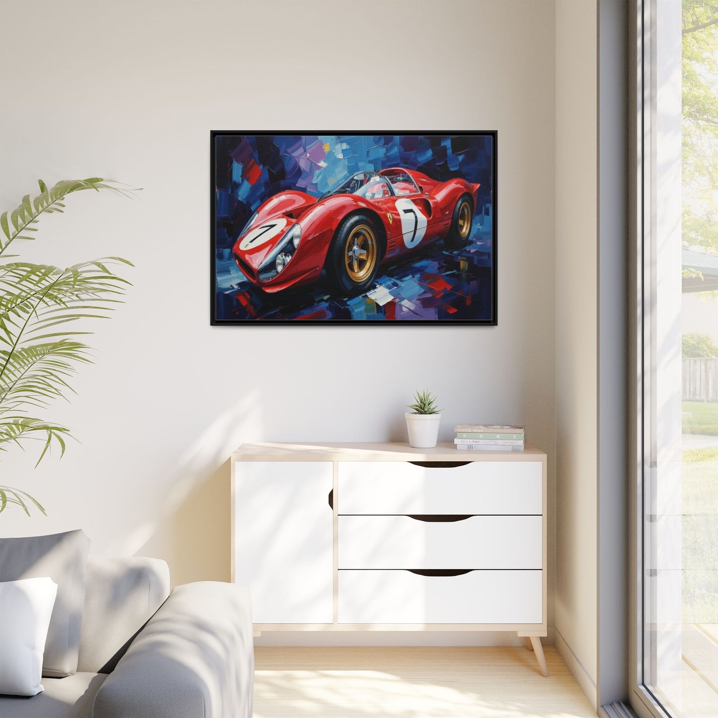 Vintage Ferrari Red Racecar Matte Canvas Framed Wall Art