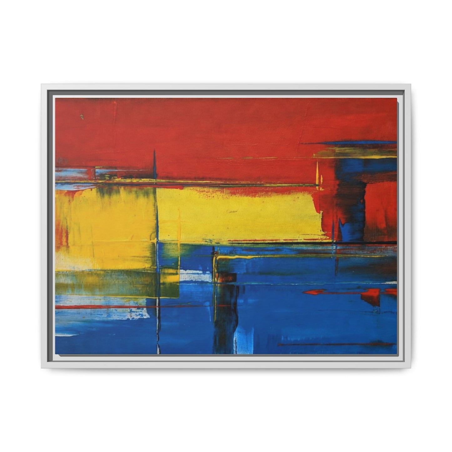 Abstract Color Block Matte Canvas Framed Wall Art — Modern Red Yellow Blue Painting