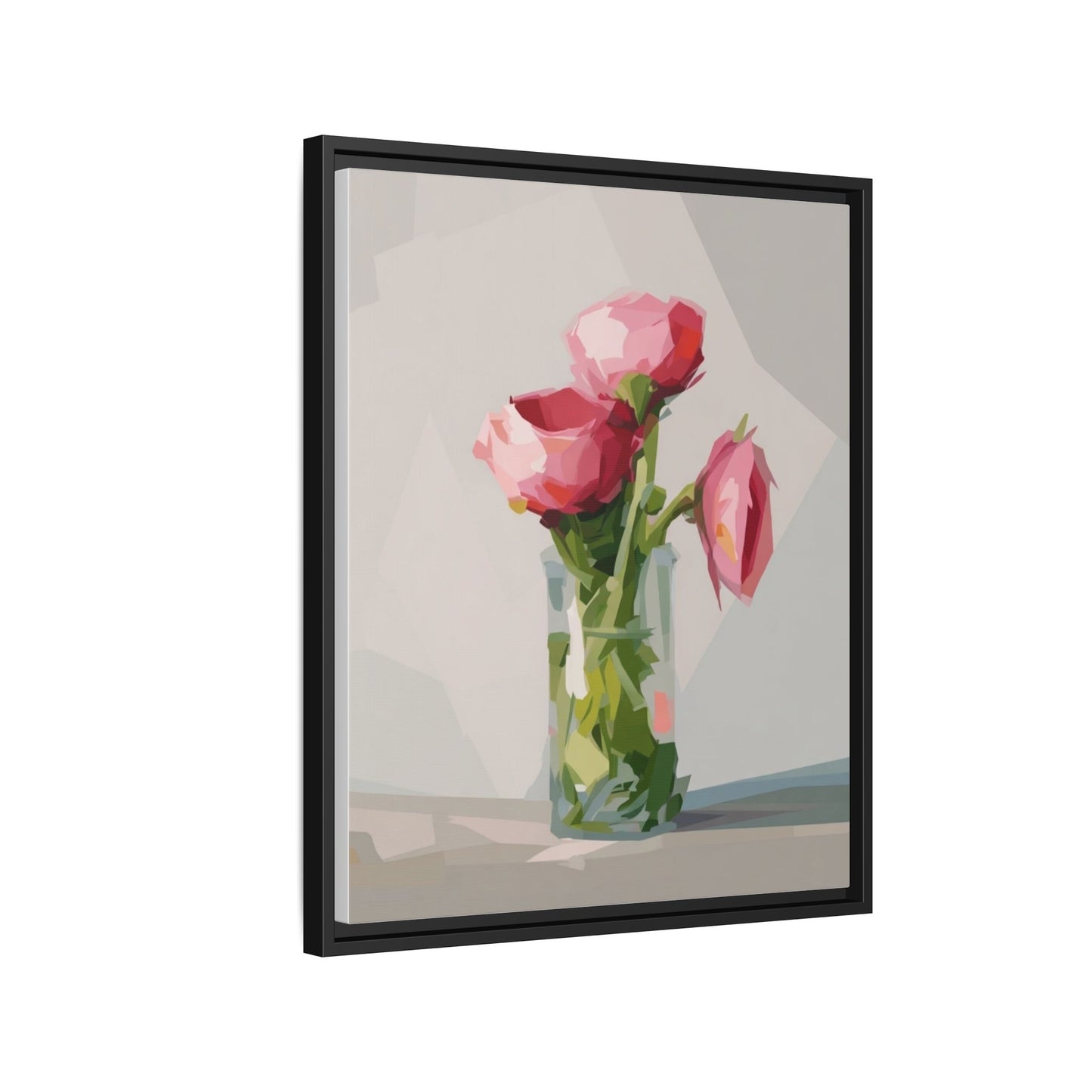 Framed Canvas Art — Pink Roses in Vase, Modern Floral Wall Print
